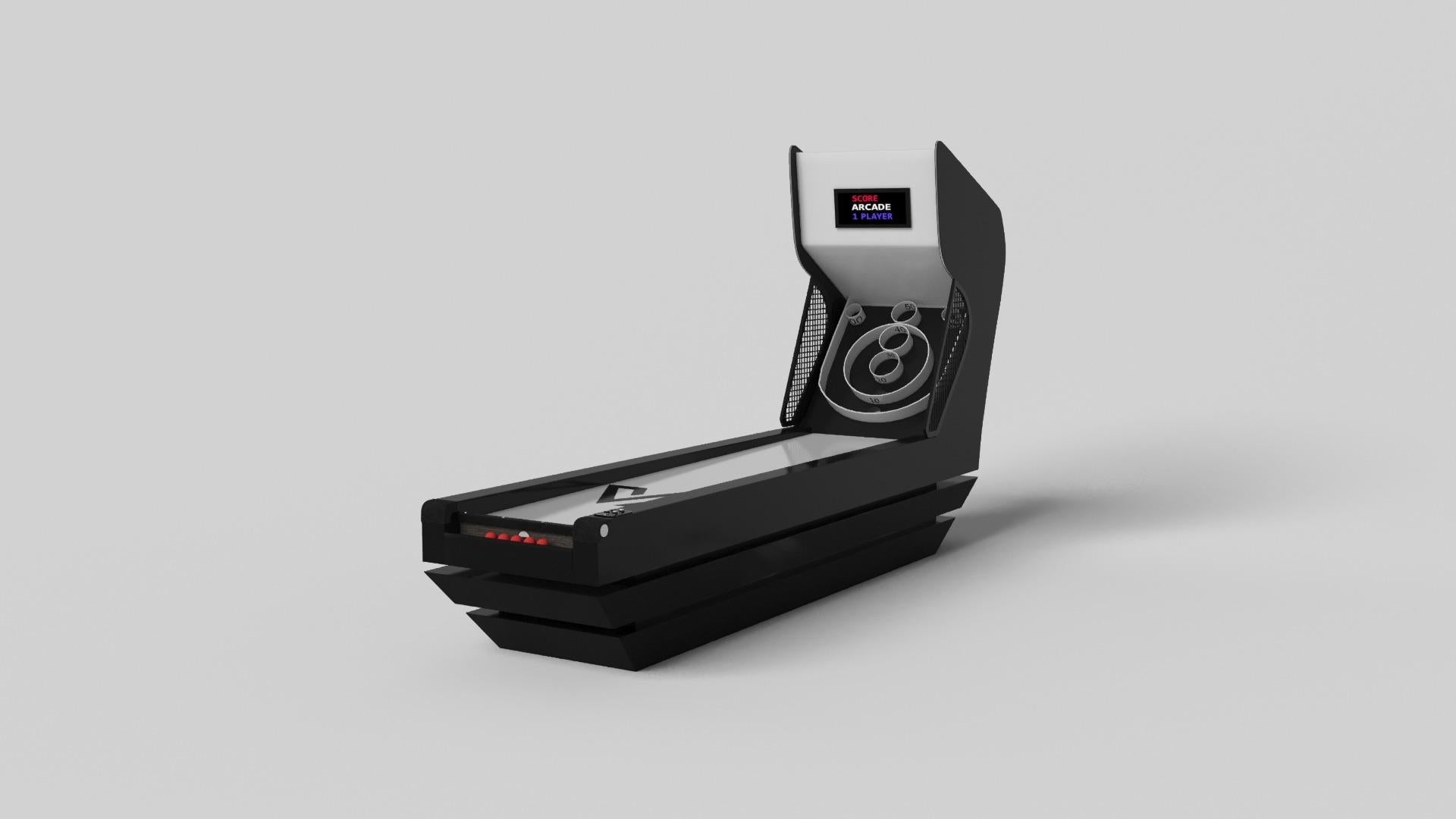 Trois solides pièces de métal semblent flotter autour d'une base centrale dissimulée, ce qui fait du jeu de skeeball Louve l'un de nos designs les plus étonnants. Avec des composants numériques intégrés tels que des lumières LED et des effets