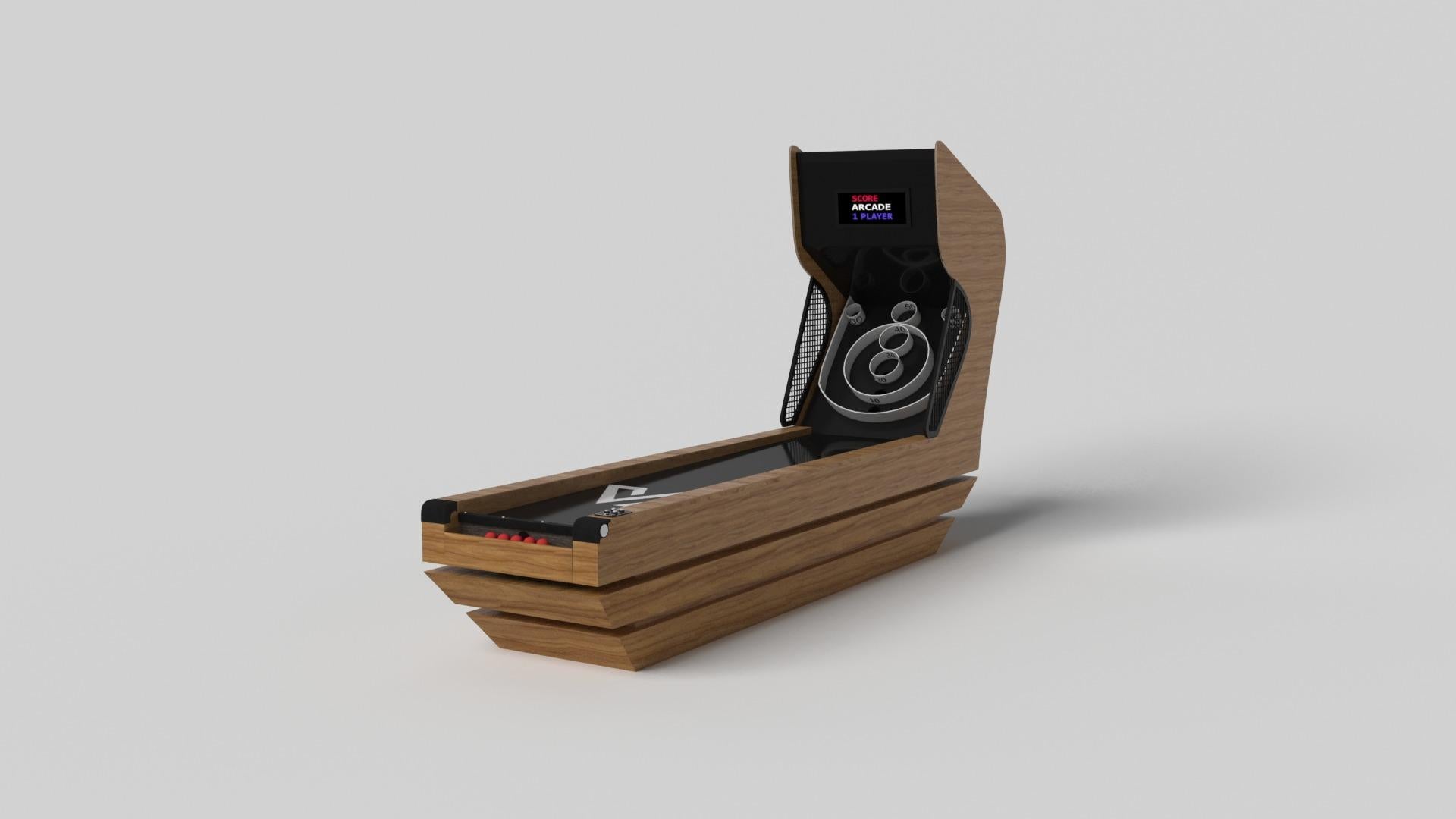 Trois solides pièces de métal semblent flotter autour d'une base centrale dissimulée, ce qui fait du jeu de skeeball Louve l'un de nos designs les plus étonnants. Avec des composants numériques intégrés tels que des lumières LED et des effets