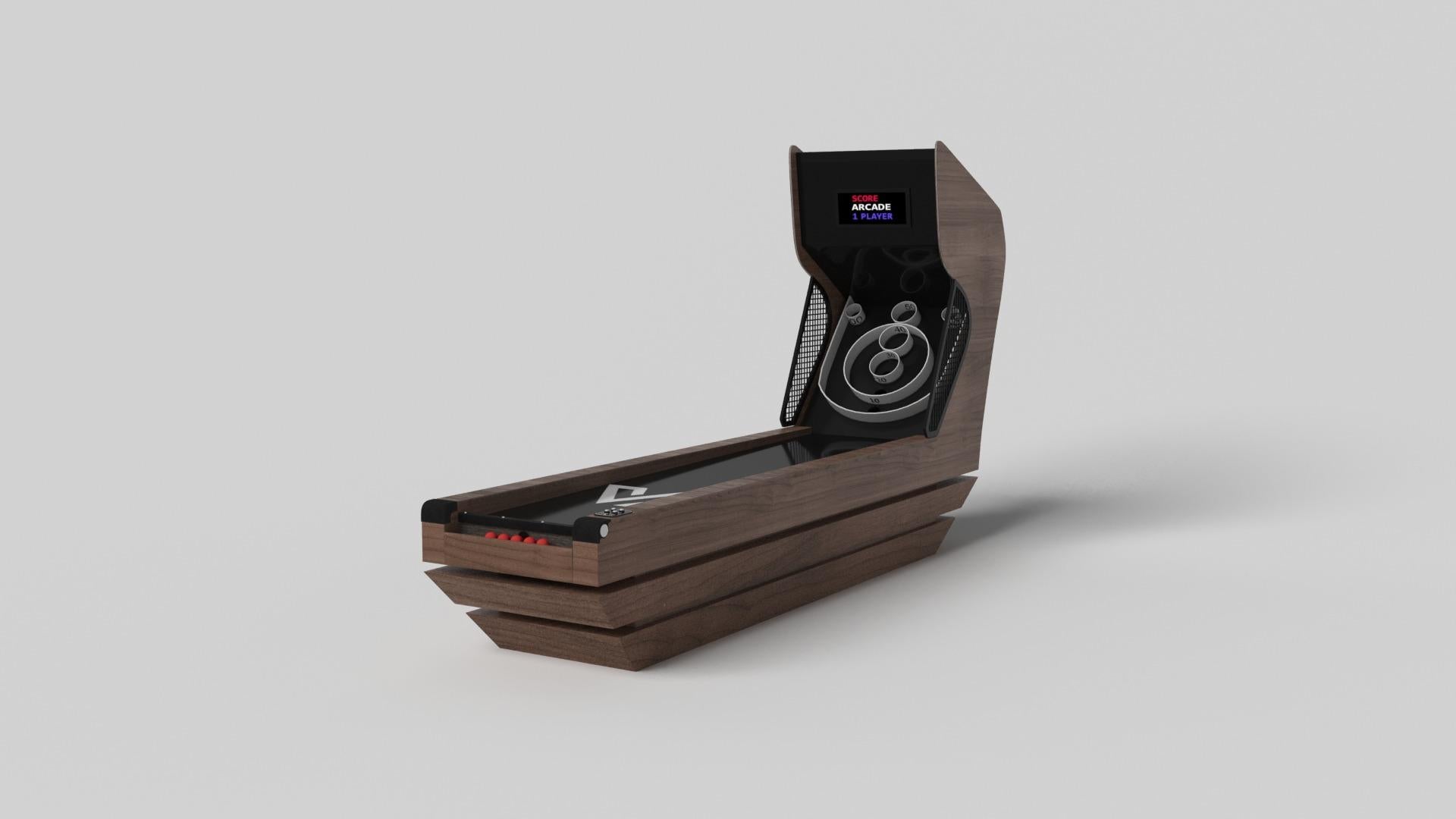 Trois solides pièces de métal semblent flotter autour d'une base centrale dissimulée, ce qui fait du jeu de skeeball Louve l'un de nos designs les plus étonnants. Avec des composants numériques intégrés tels que des lumières LED et des effets