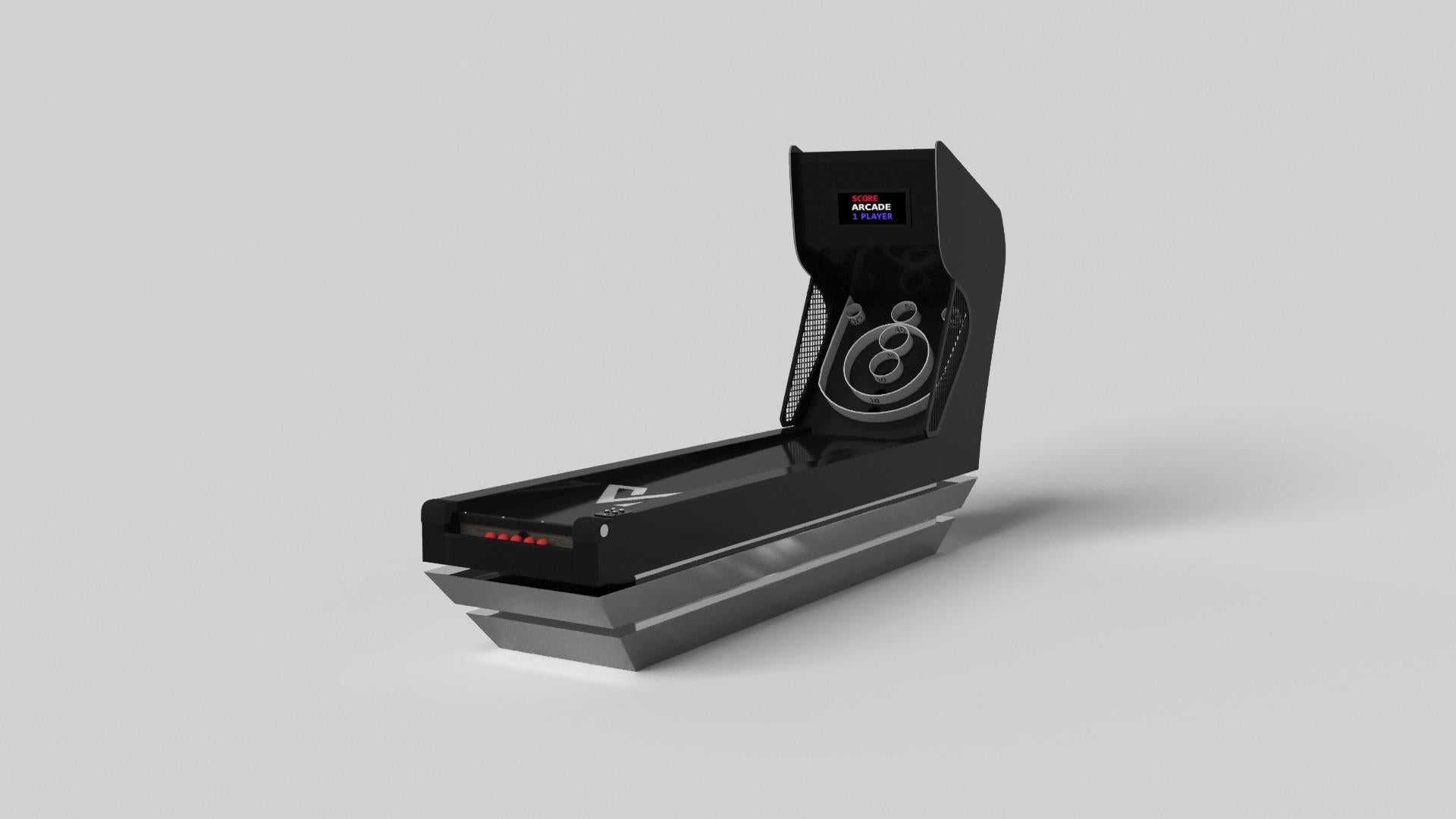 Three solid pieces of metal seemingly float around a concealed center base, making the Louve skeeball game one of our most mind-bending designs. With built-in digital components such as LED lights and sound effects, this contemporary design features