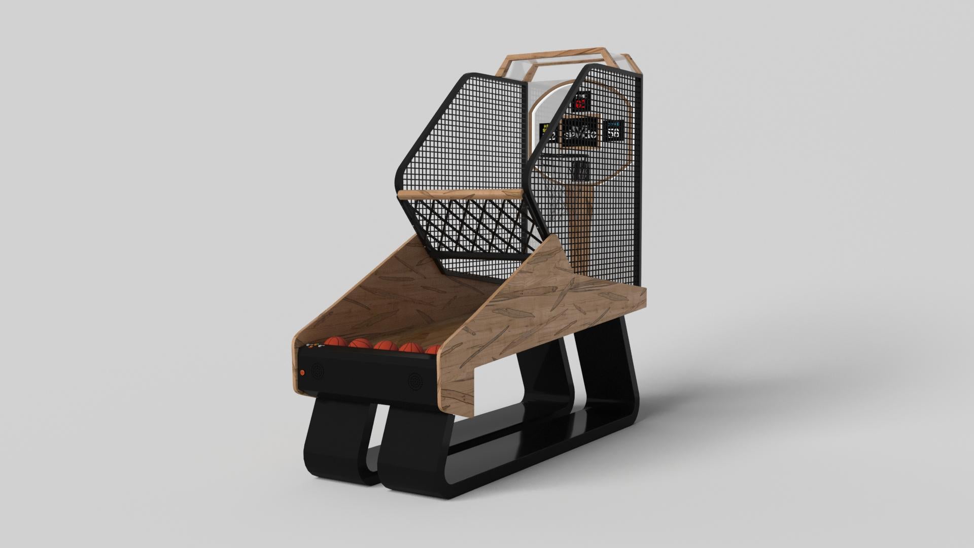 Una base aperta con curve ampie e bordi lisci conferisce al gioco di basket Luge una sensazione di leggerezza e ariosità. Evocando un senso di velocità e lo spirito del movimento continuo, questo gioco esclusivo presenta una base divisa con lati