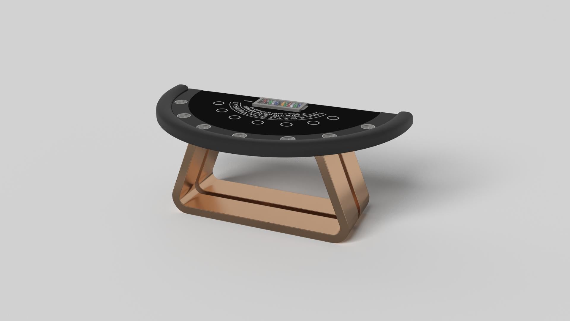 Una base aperta con curve ampie e bordi lisci conferisce una sensazione di leggerezza e ariosità al tavolo da blackjack Luge in noce. Evocando un senso di velocità e lo spirito del movimento continuo, questo esclusivo tavolo da gioco presenta una