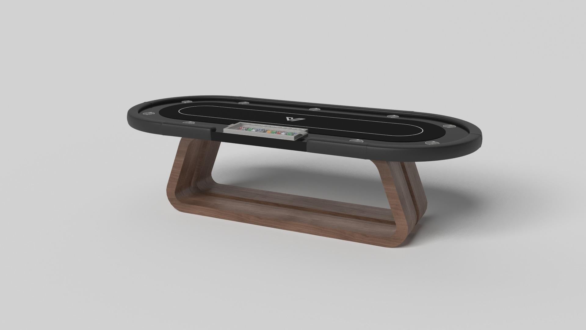 An open base with sweeping curves and smooth edges imparts a light, airy feel upon the Luge poker table in walnut. Evoking a sense of speed and the spirit of continuous movement, this exclusive wood game table features a split base with open sides