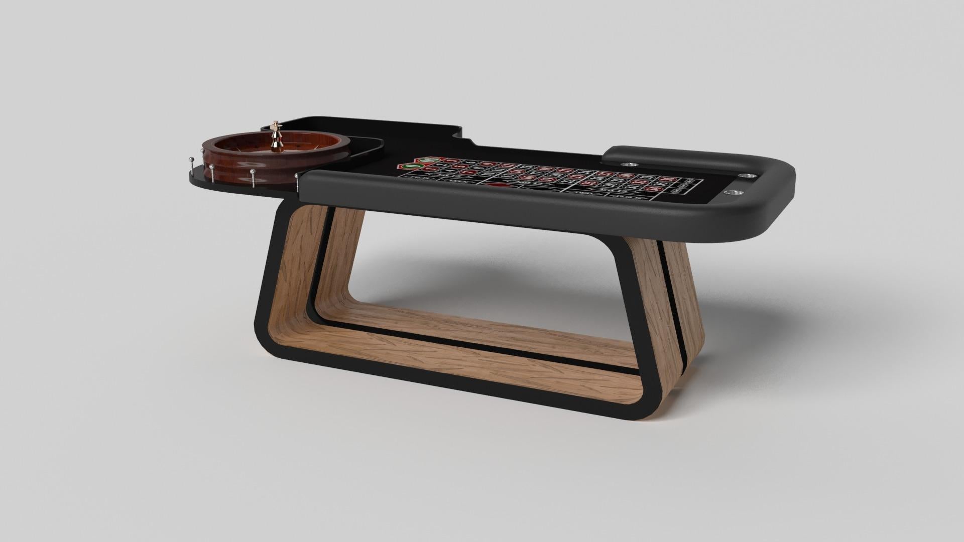 An open base with sweeping curves and smooth edges imparts a light, airy feel upon the Luge roulette table in walnut. Evoking a sense of speed and the spirit of continuous movement, this exclusive game table features a split base with open sides and