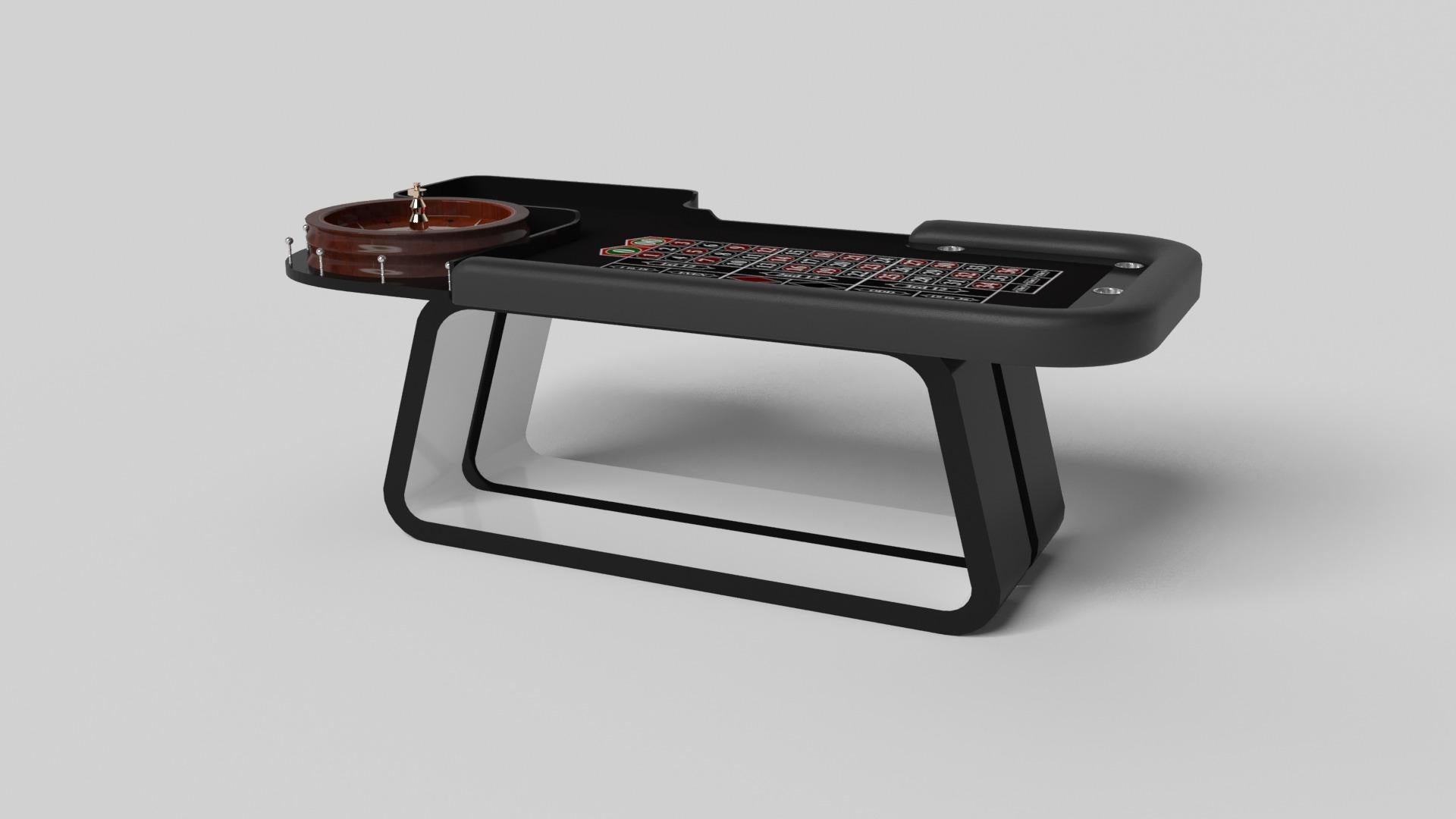 An open base with sweeping curves and smooth edges imparts a light, airy feel upon the Luge roulette table in walnut. Evoking a sense of speed and the spirit of continuous movement, this exclusive game table features a split base with open sides and