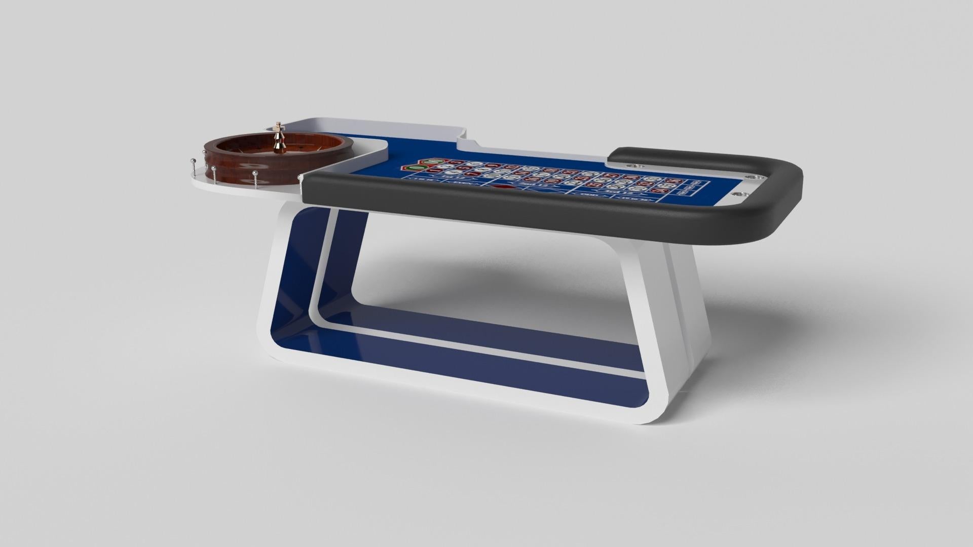 An open base with sweeping curves and smooth edges imparts a light, airy feel upon the Luge roulette table in walnut. Evoking a sense of speed and the spirit of continuous movement, this exclusive game table features a split base with open sides and