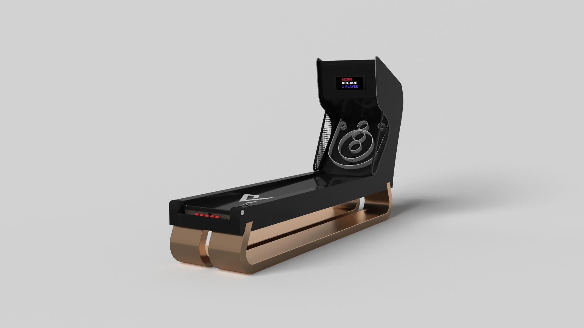 An open base with sweeping curves and smooth edges imparts a light, airy feel upon the Luge skeeball game. Evoking a sense of speed and the spirit of continuous movement, this exclusive game features a split base with open sides and rectangular