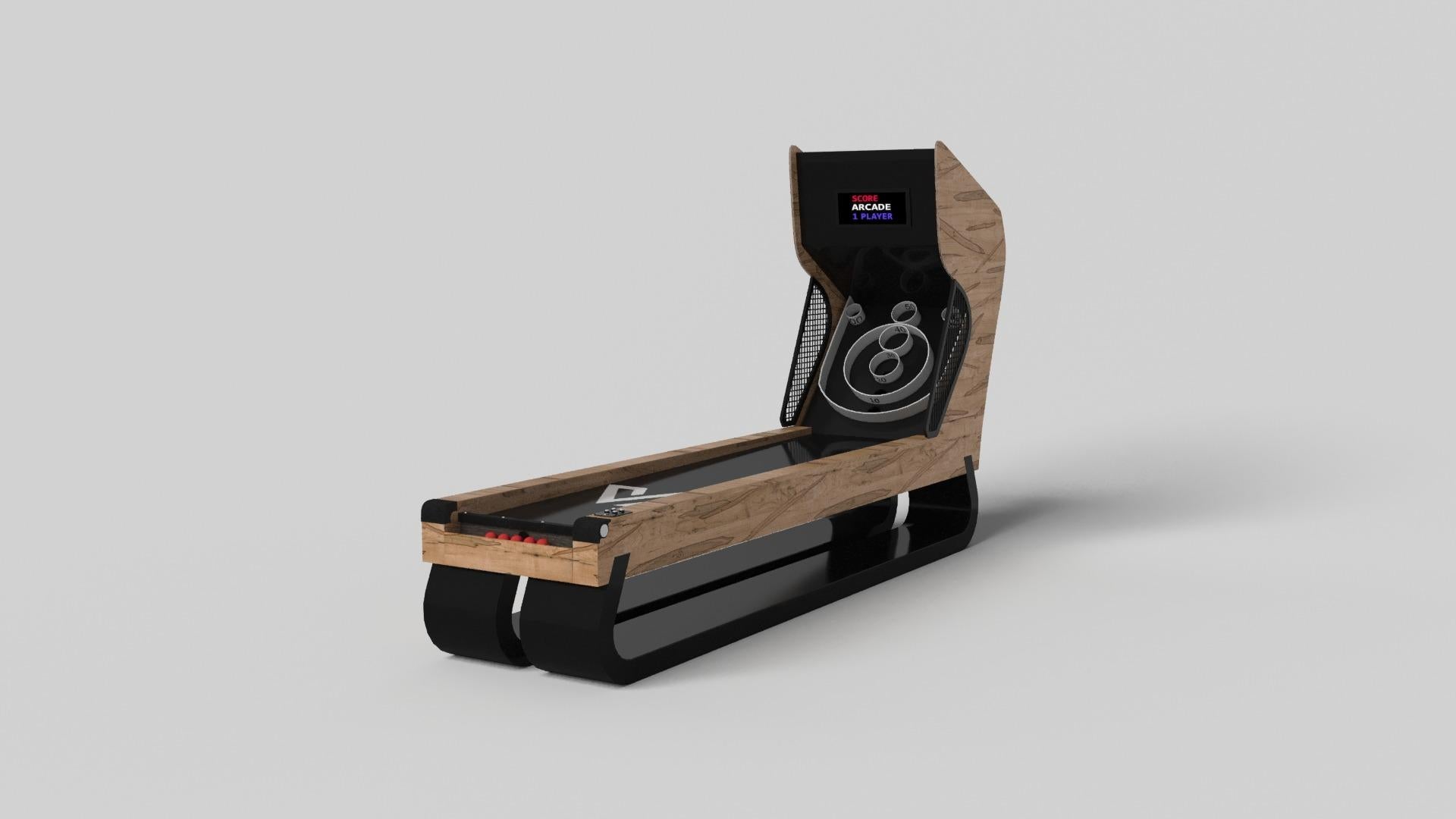 An open base with sweeping curves and smooth edges imparts a light, airy feel upon the Luge skeeball game. Evoking a sense of speed and the spirit of continuous movement, this exclusive game features a split base with open sides and rectangular