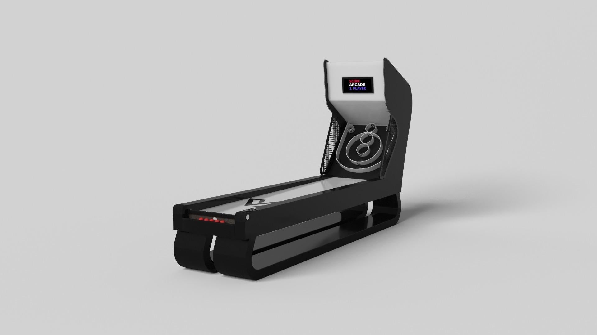 An open base with sweeping curves and smooth edges imparts a light, airy feel upon the Luge skeeball game. Evoking a sense of speed and the spirit of continuous movement, this exclusive game features a split base with open sides and rectangular