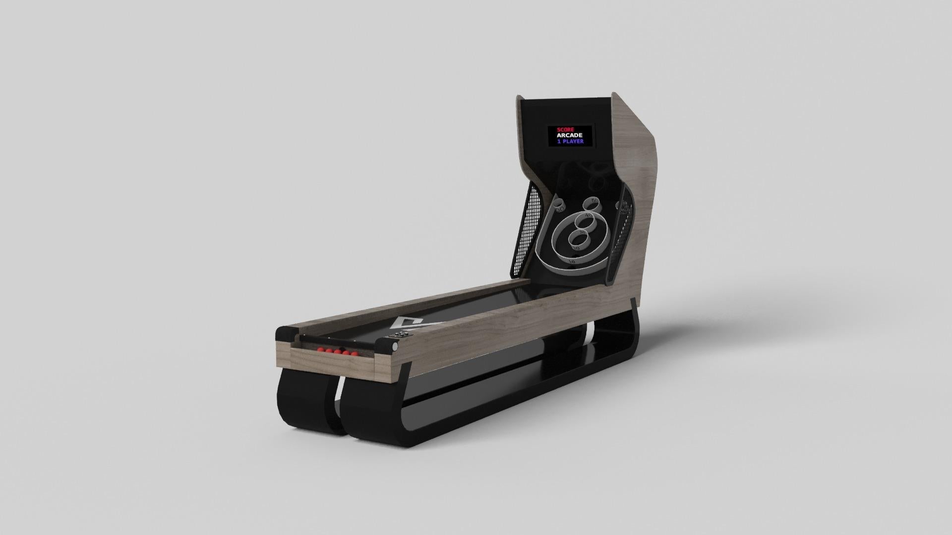 Une base ouverte avec des courbes et des bords lisses confère au jeu de skeeball Luge une sensation de légèreté et d'aération. Évoquant la vitesse et l'esprit du mouvement continu, ce jeu exclusif se caractérise par une base fendue avec des côtés