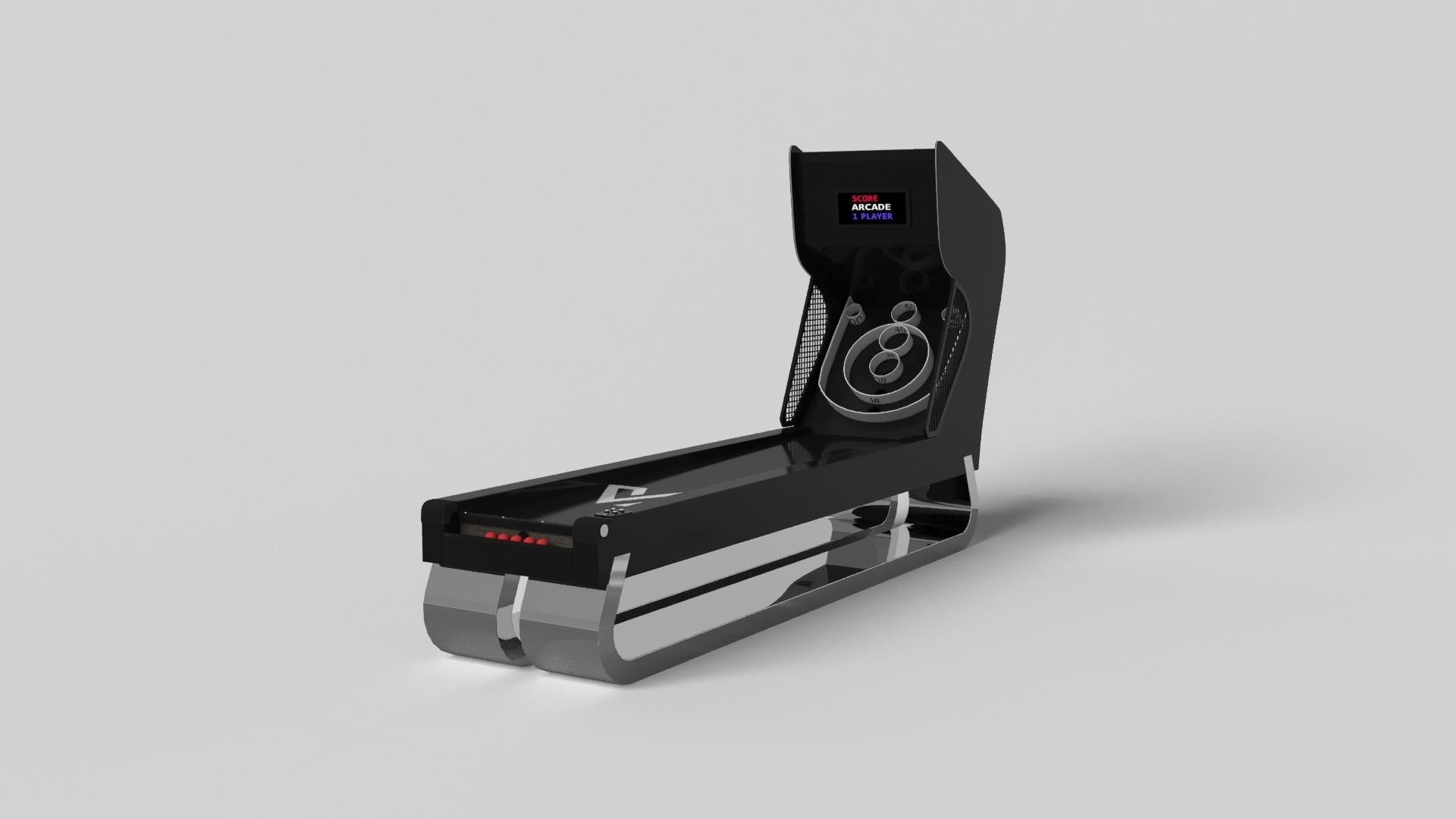 Une base ouverte avec des courbes et des bords lisses confère au jeu de skeeball Luge une sensation de légèreté et d'aération. Évoquant la vitesse et l'esprit du mouvement continu, ce jeu exclusif se caractérise par une base fendue avec des côtés