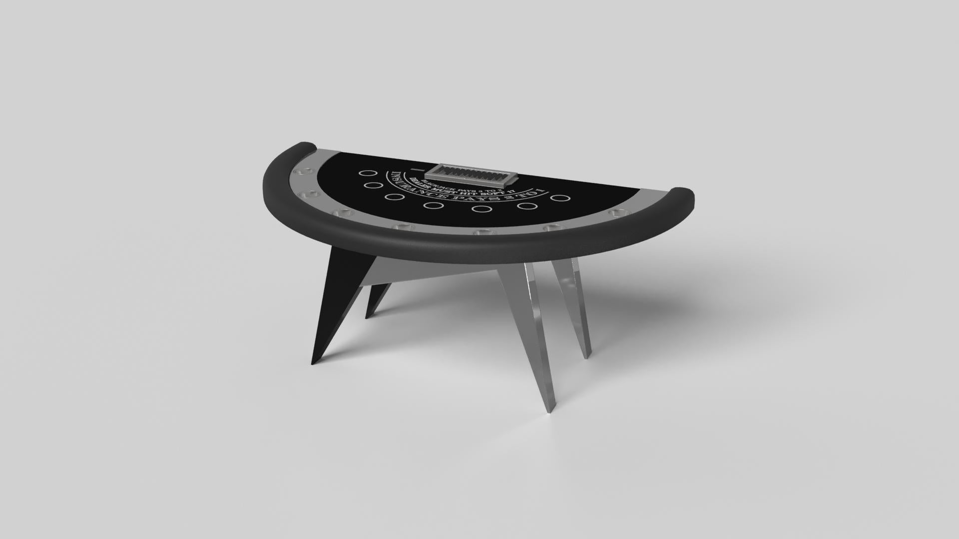 Simple yet sophisticated, the Mantis blackjack table puts a fresh, modern spin on a classic four-legged design. Sharp angles and tapered legs provide sleek stability.

Size:

88”X46”X30” (Bar Height)
Custom Sizes Available Per Request