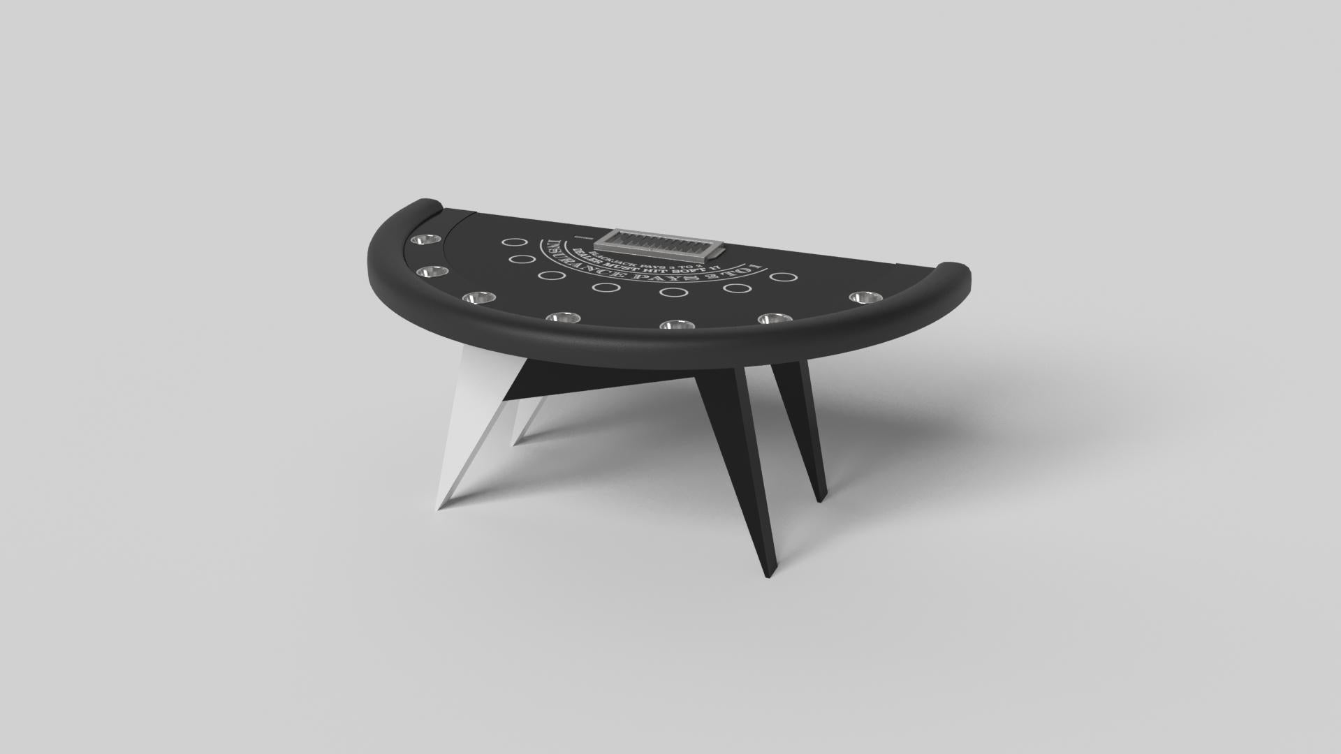 Simple yet sophisticated, the Mantis blackjack table puts a fresh, modern spin on a classic four-legged design. Sharp angles and tapered legs provide sleek stability.

Size:

88”X46”X30” (Bar Height)
Custom Sizes Available Per Request