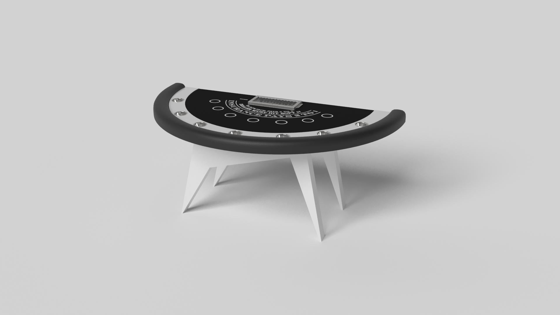 Simple yet sophisticated, the Mantis blackjack table puts a fresh, modern spin on a classic four-legged design. Sharp angles and tapered legs provide sleek stability.

Size:

88”X46”X30” (Dining Height)
Custom Sizes Available Per Request