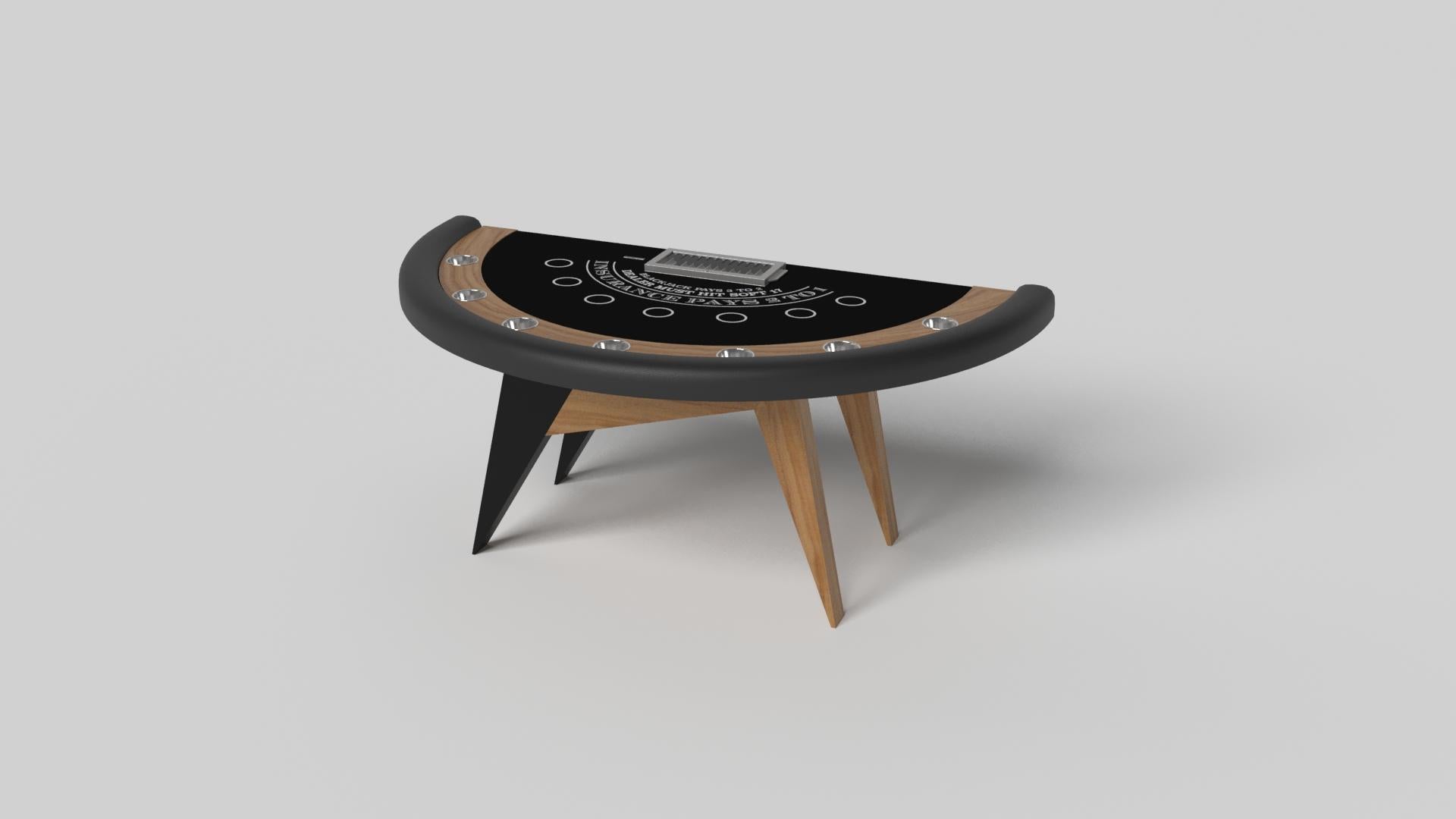 Simple yet sophisticated, the Mantis blackjack table puts a fresh, modern spin on a classic four-legged design. Sharp angles and tapered legs provide sleek stability.

Size:

88”X46”X30” (Bar Height)
Custom Sizes Available Per Request