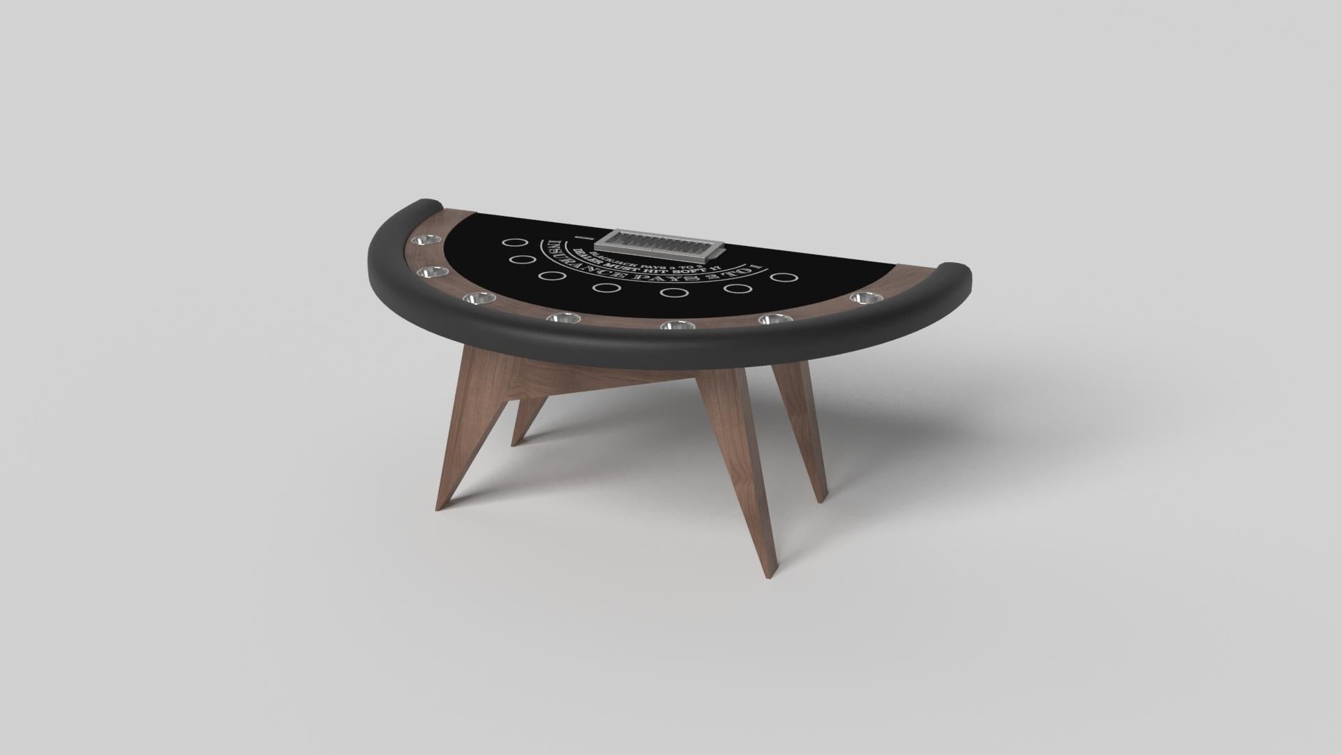 Simple yet sophisticated, the Mantis blackjack table puts a fresh, modern spin on a classic four-legged design. Sharp angles and tapered legs provide sleek stability.

Size:

88”X46”X30” (Dining Height)
Custom Sizes Available Per Request