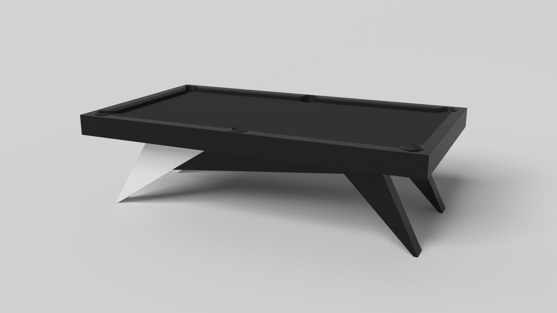 Simple yet sophisticated, the Mantis pool table in black with brushed aluminum puts a fresh, modern spin on a classic four-legged design. Sharp angles and tapered legs provide sleek stability, while contrast metal trim adds an air of exuberance and