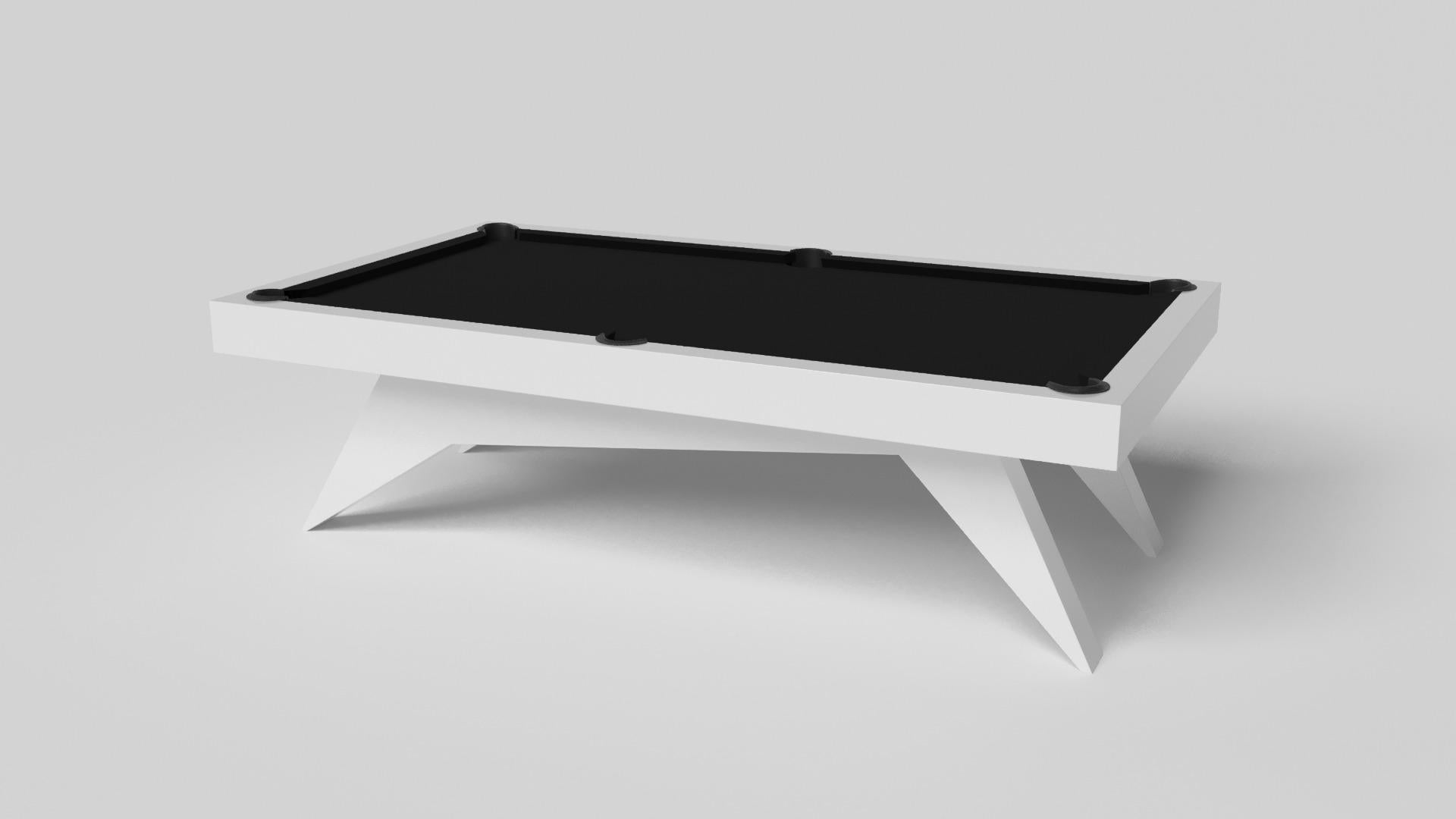 Simple yet sophisticated, the Mantis pool table in black with brushed aluminum puts a fresh, modern spin on a classic four-legged design. Sharp angles and tapered legs provide sleek stability, while contrast metal trim adds an air of exuberance and