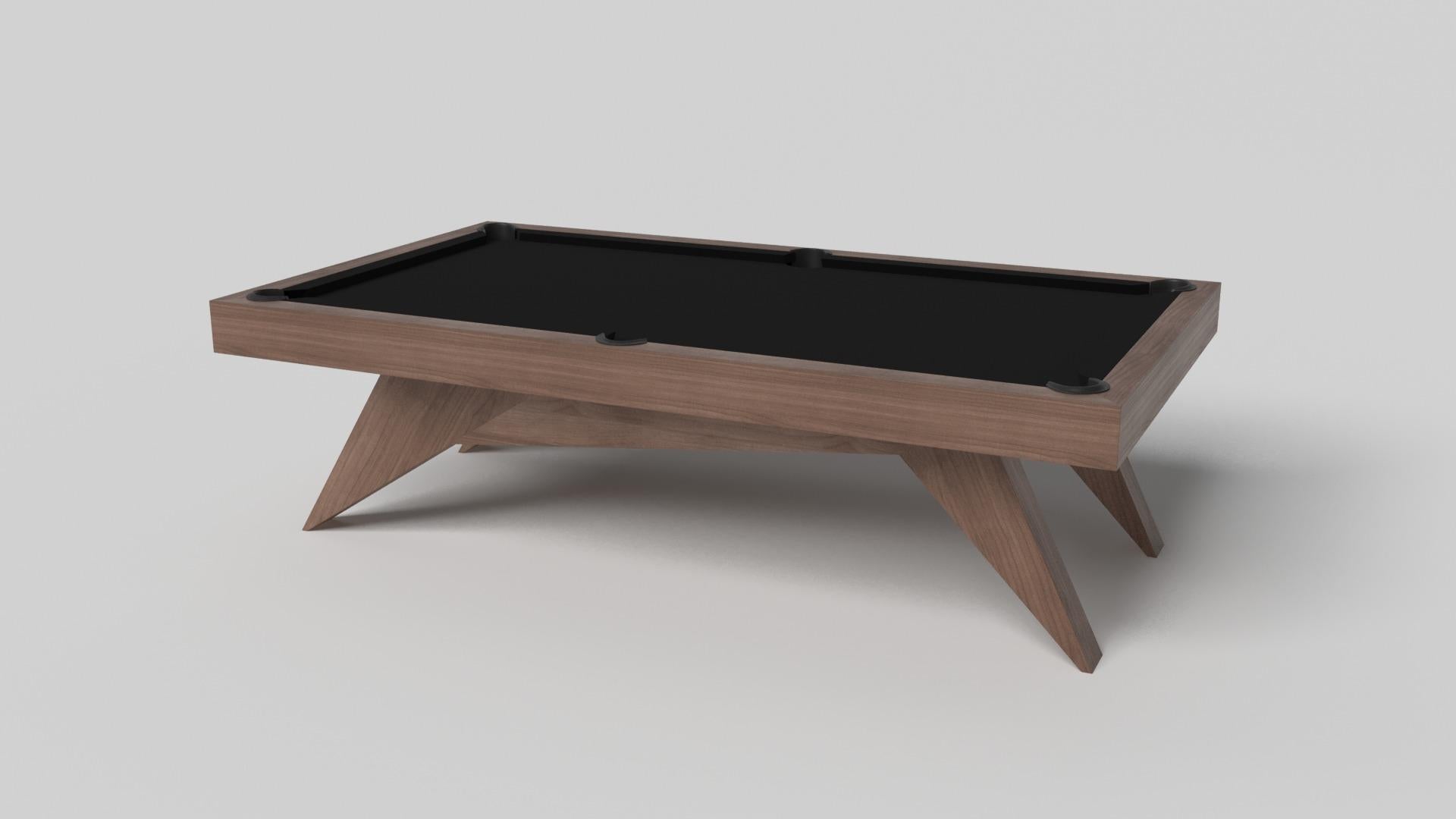 Simple yet sophisticated, the Mantis pool table in black with brushed aluminum puts a fresh, modern spin on a classic four-legged design. Sharp angles and tapered legs provide sleek stability, while contrast metal trim adds an air of exuberance and