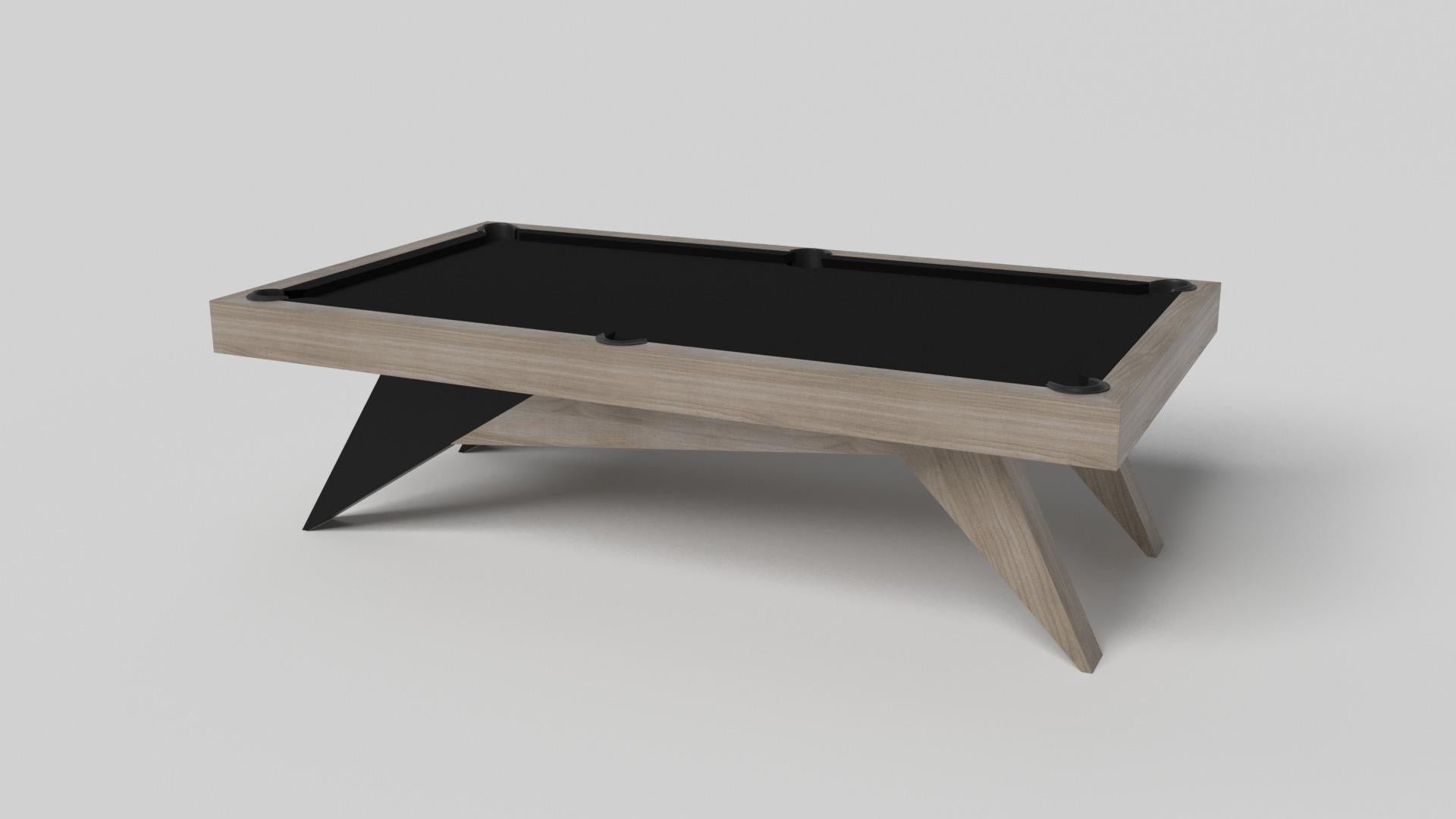 Simple yet sophisticated, the Mantis pool table in black with brushed aluminum puts a fresh, modern spin on a classic four-legged design. Sharp angles and tapered legs provide sleek stability, while contrast metal trim adds an air of exuberance and