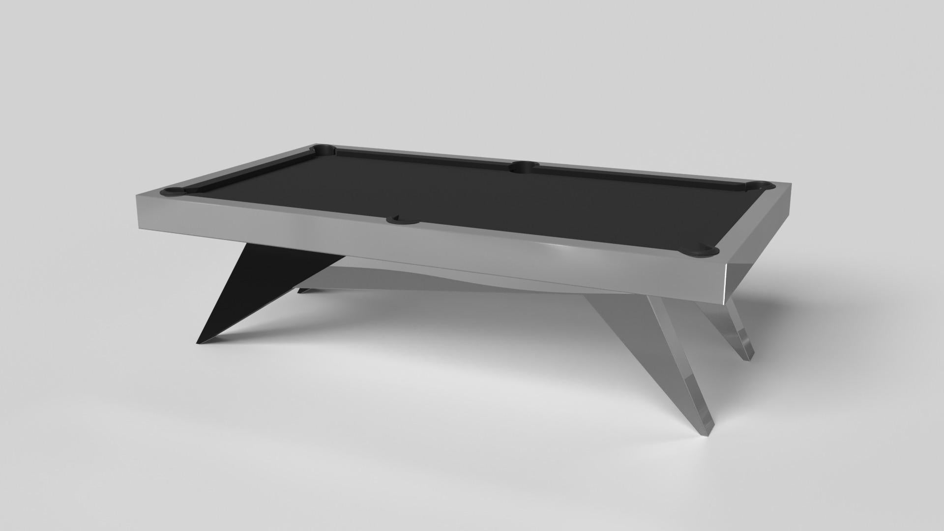 Simple yet sophisticated, the Mantis pool table in black with brushed aluminum puts a fresh, modern spin on a classic four-legged design. Sharp angles and tapered legs provide sleek stability, while contrast metal trim adds an air of exuberance and