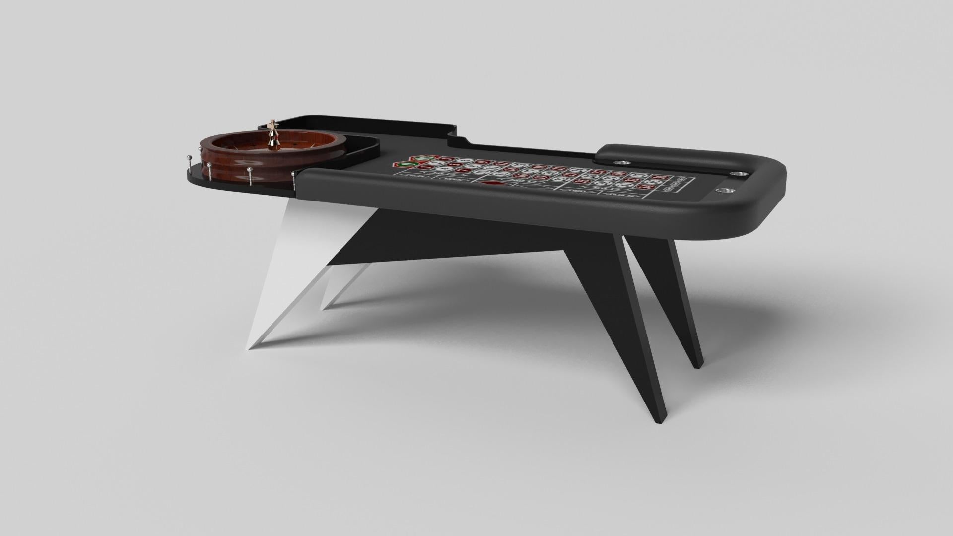 Simple yet sophisticated, the Mantis roulette table puts a fresh, modern spin on a classic four-legged design. Sharp angles and tapered legs provide sleek stability.

Size:

98”X50”X30”
Custom Sizes Available Per Request