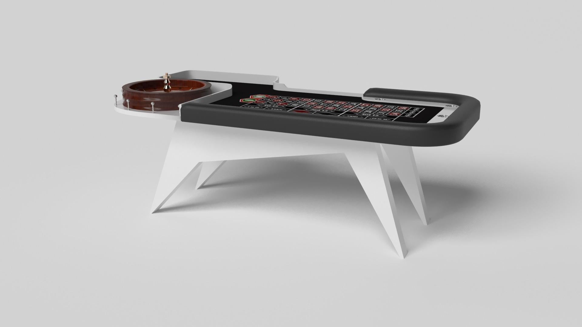 Simple yet sophisticated, the Mantis roulette table puts a fresh, modern spin on a classic four-legged design. Sharp angles and tapered legs provide sleek stability.

Size:

98”X50”X30”
Custom Sizes Available Per Request