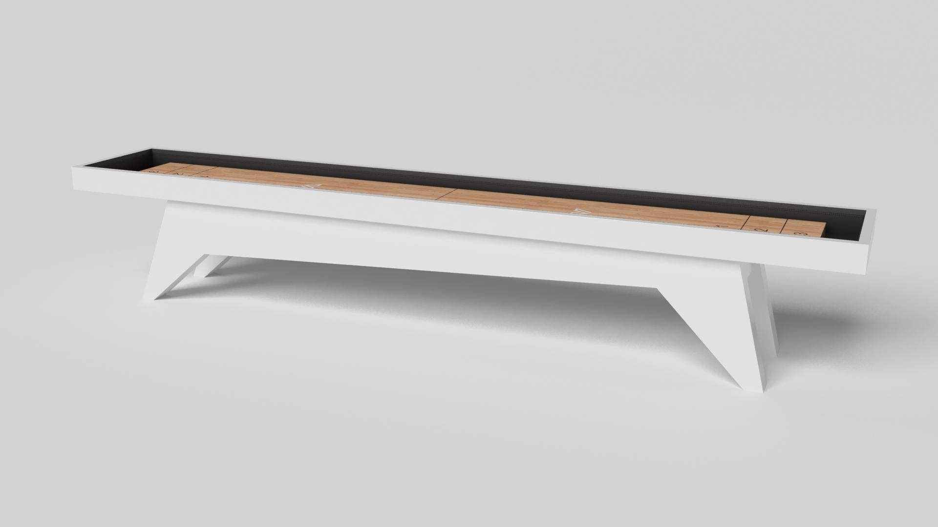 Simple yet sophisticated, the Mantis shuffleboard table puts a fresh, modern spin on a classic four-legged design. Sharp angles and tapered legs provide sleek stability.

Size:

14 Foot - 168”X32”X34”
Playing Area Of 152”X20”