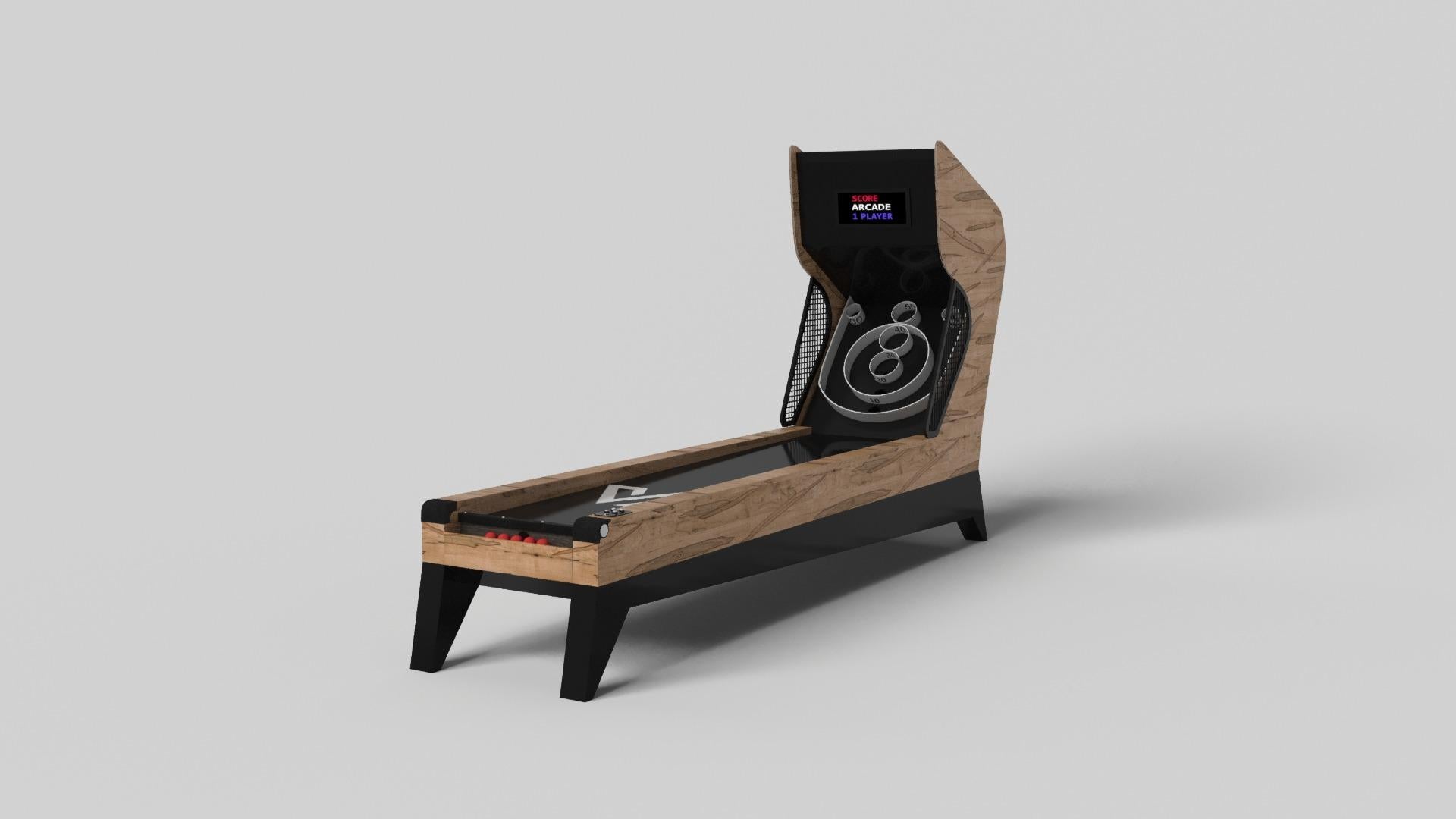 Simple mais sophistiqué, le jeu de skeeball Mantis apporte une touche de fraîcheur et de modernité à un design classique. Les angles vifs et les pieds fuselés assurent une stabilité élégante, tandis que les composants numériques intégrés ajoutent un