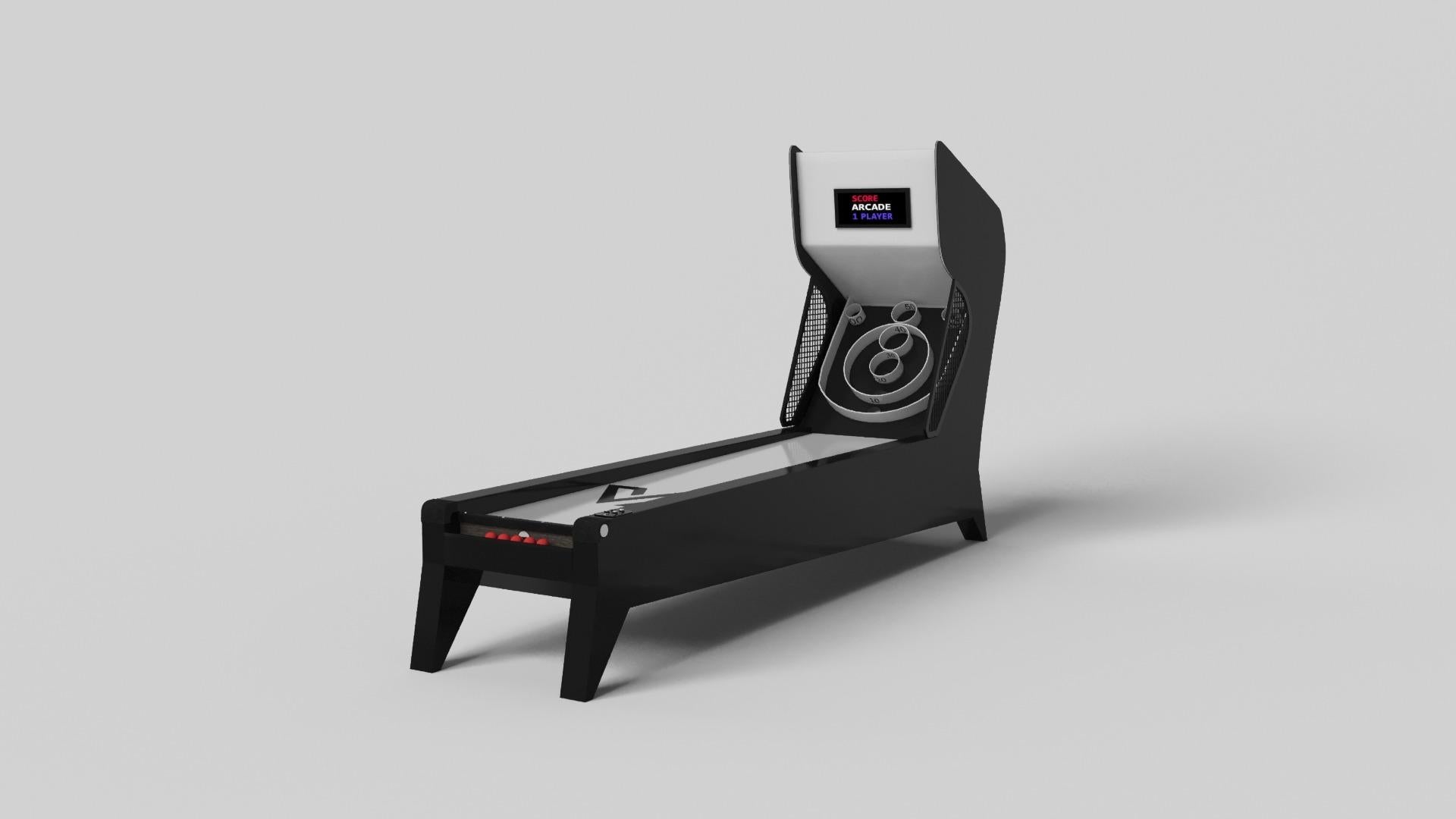 Simple yet sophisticated, the Mantis skeeball game puts a fresh, modern spin on a classic design. Sharp angles and tapered legs provide sleek stability, while built-in digital components add an air of exuberance and an energetic spirit. Handcrafted