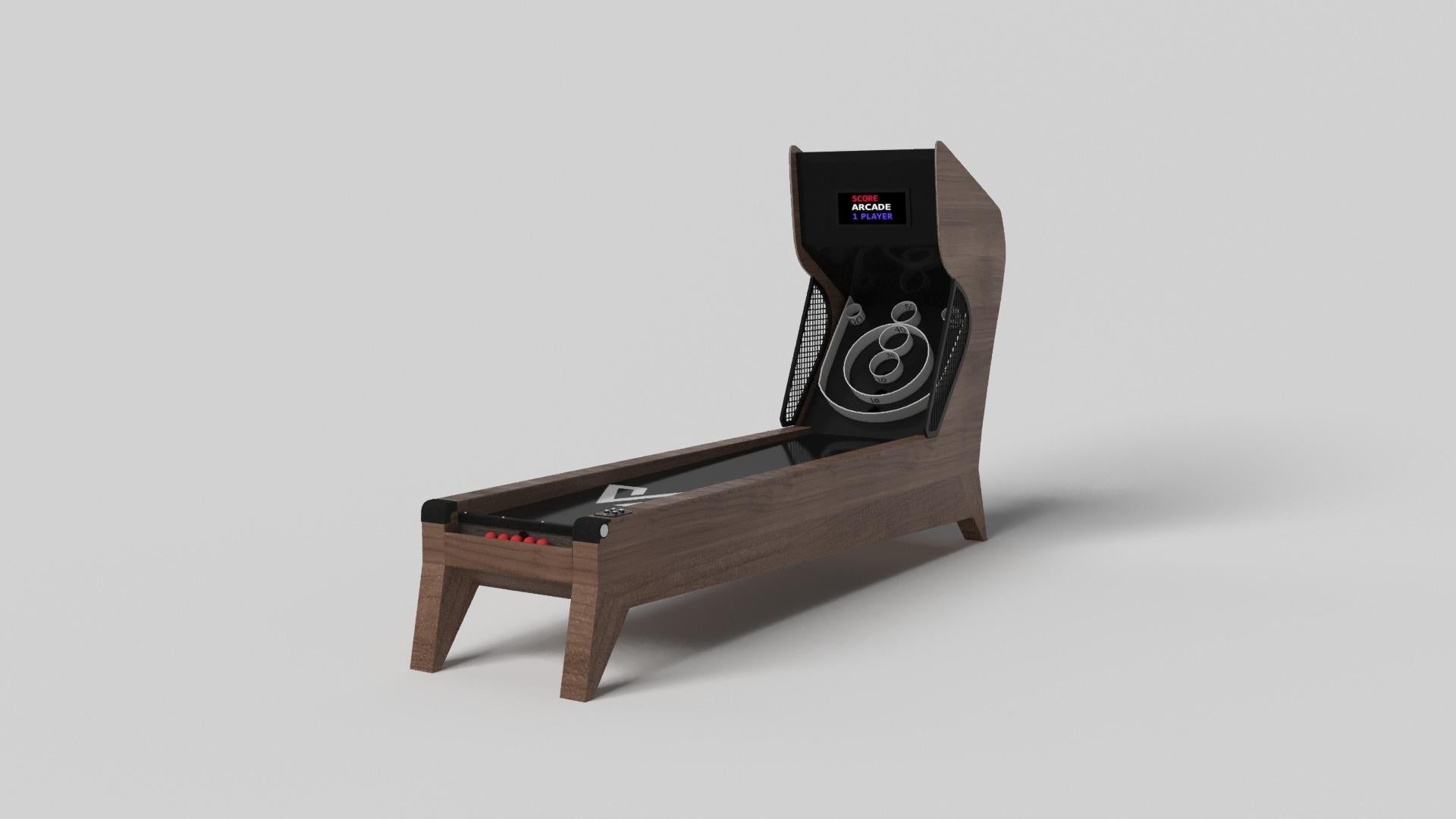 Simple mais sophistiqué, le jeu de skeeball Mantis apporte une touche de fraîcheur et de modernité à un design classique. Les angles vifs et les pieds fuselés assurent une stabilité élégante, tandis que les composants numériques intégrés ajoutent un