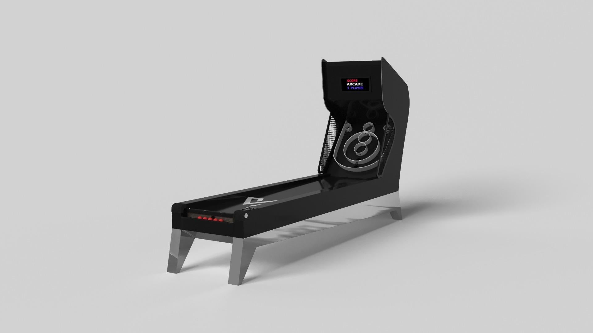 Simple mais sophistiqué, le jeu de skeeball Mantis apporte une touche de fraîcheur et de modernité à un design classique. Les angles vifs et les pieds fuselés assurent une stabilité élégante, tandis que les composants numériques intégrés ajoutent un