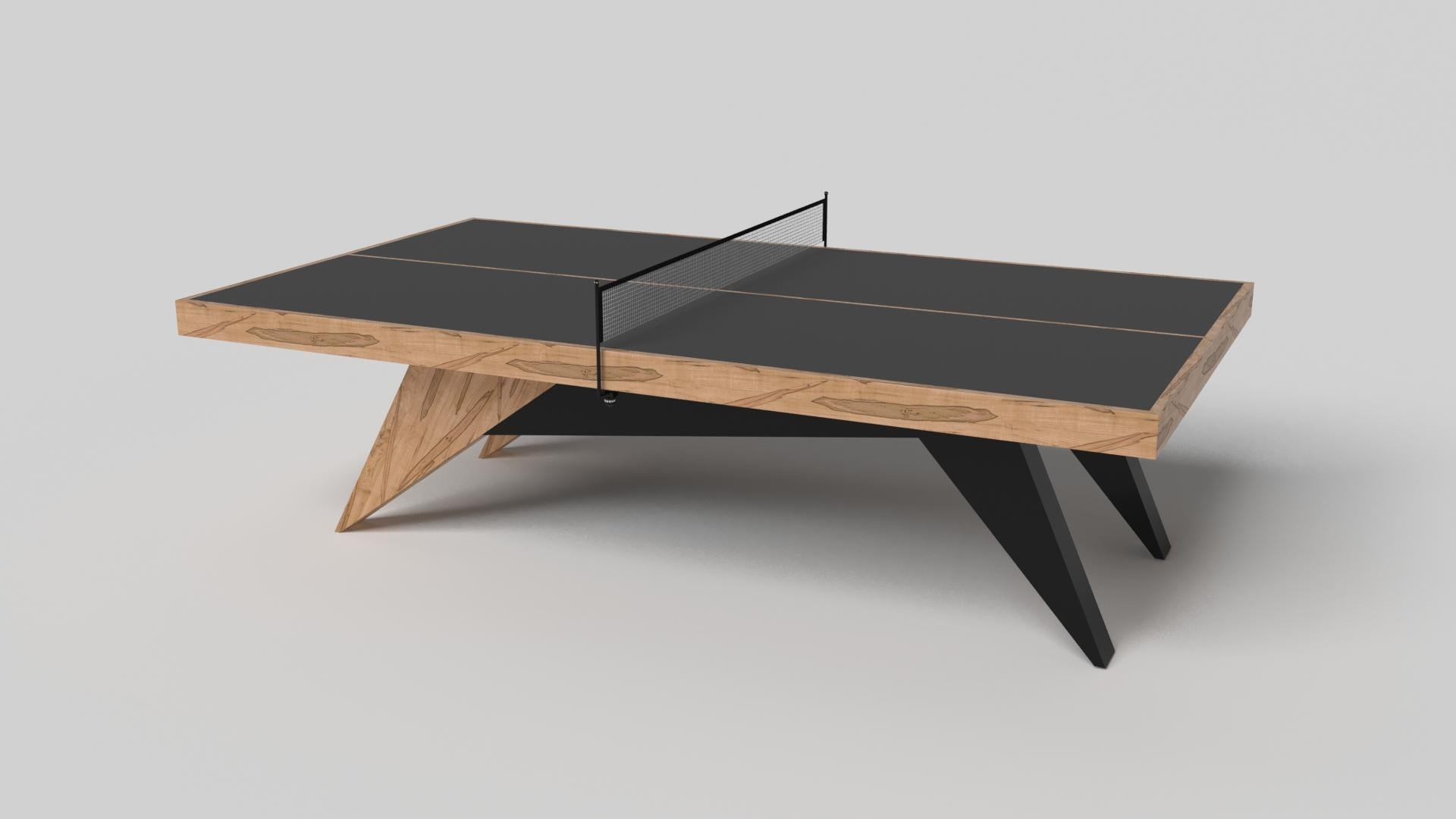 Simple yet sophisticated, the Mantis table tennis table in black with brushed aluminum puts a fresh, modern spin on a classic four-legged design. Sharp angles and tapered legs provide sleek stability, while contrast metal trim adds an air of