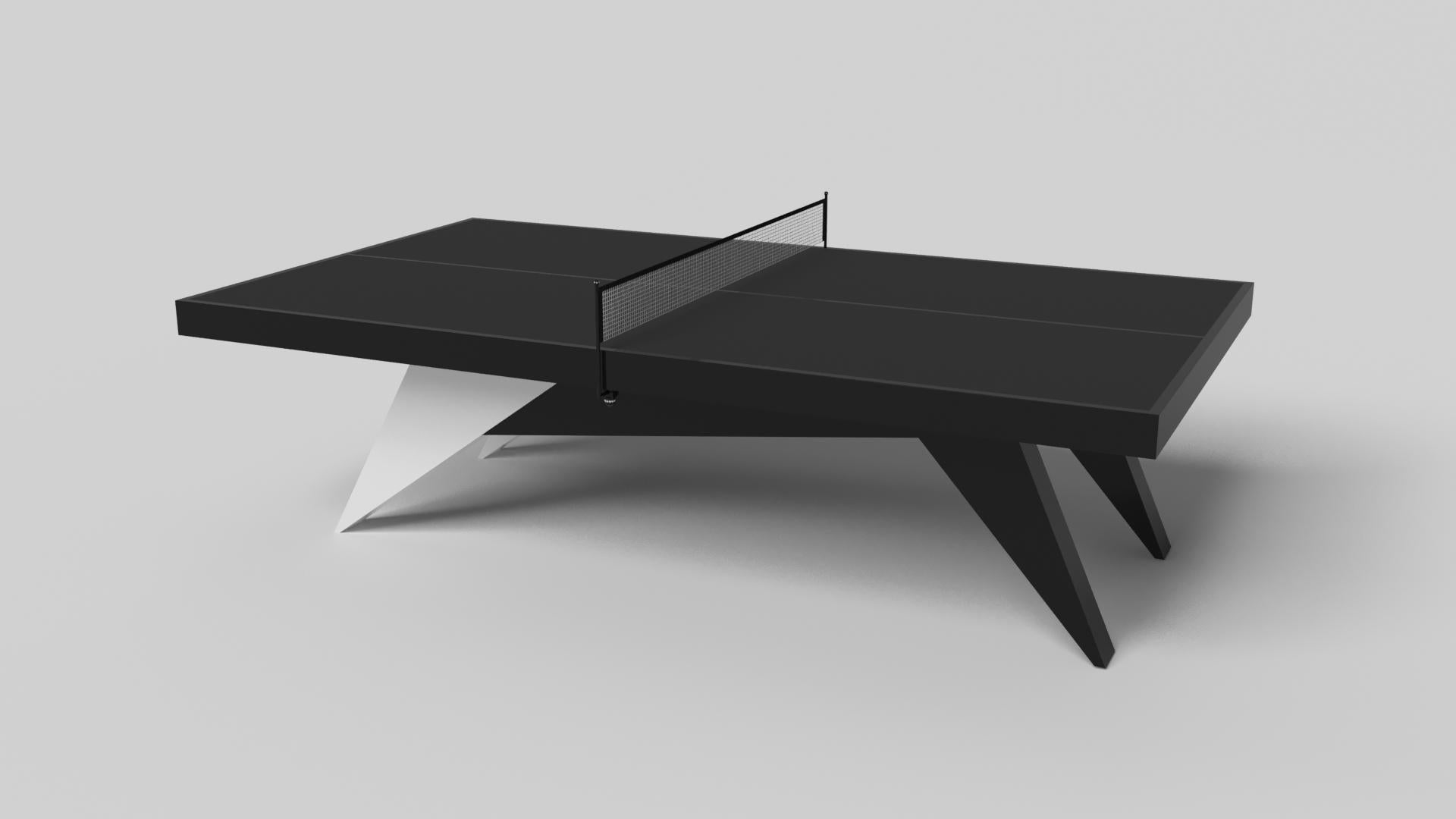 Simple yet sophisticated, the Mantis table tennis table in black with brushed aluminum puts a fresh, modern spin on a classic four-legged design. Sharp angles and tapered legs provide sleek stability, while contrast metal trim adds an air of