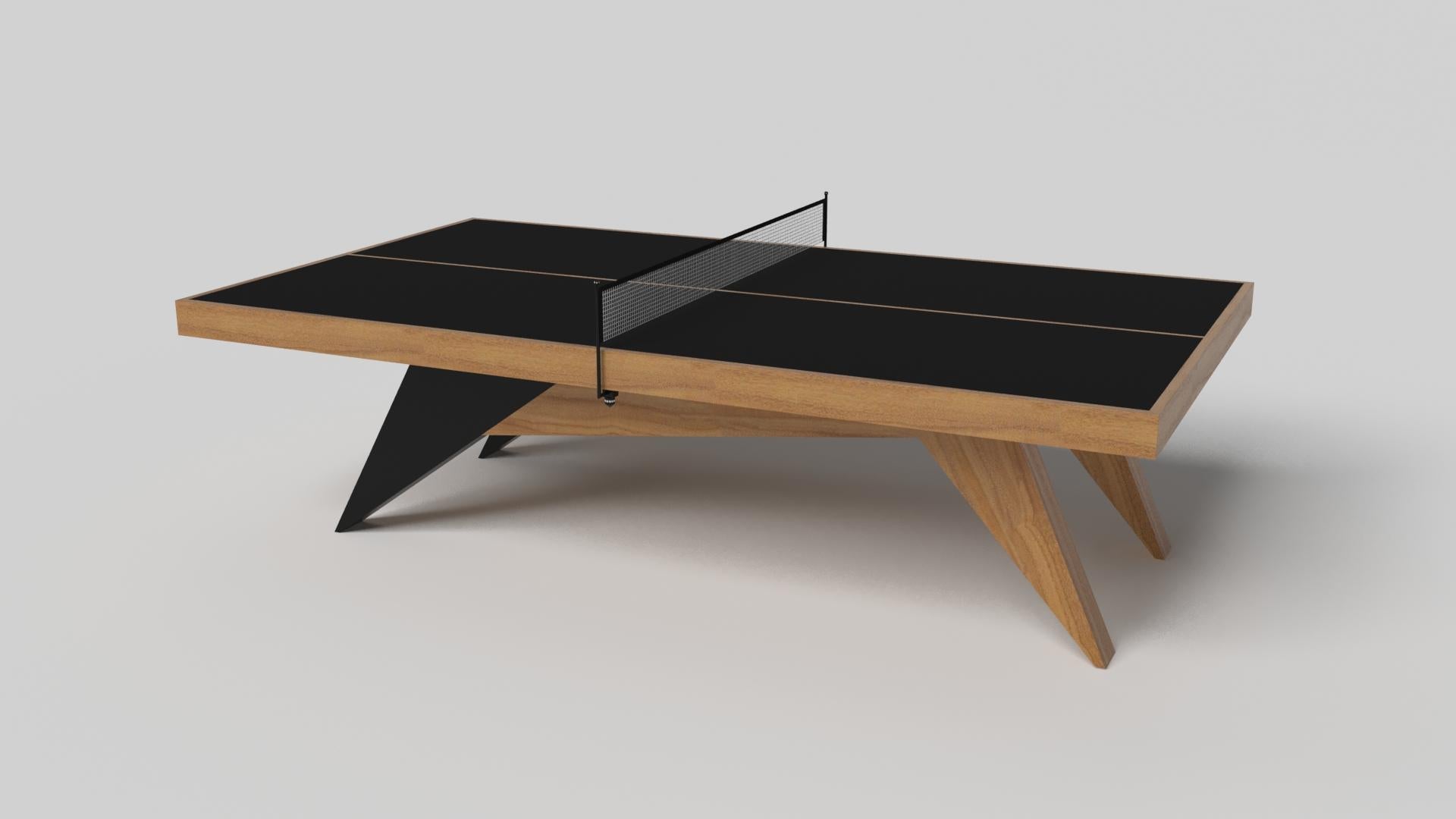 Simple yet sophisticated, the Mantis table tennis table in black with brushed aluminum puts a fresh, modern spin on a classic four-legged design. Sharp angles and tapered legs provide sleek stability, while contrast metal trim adds an air of