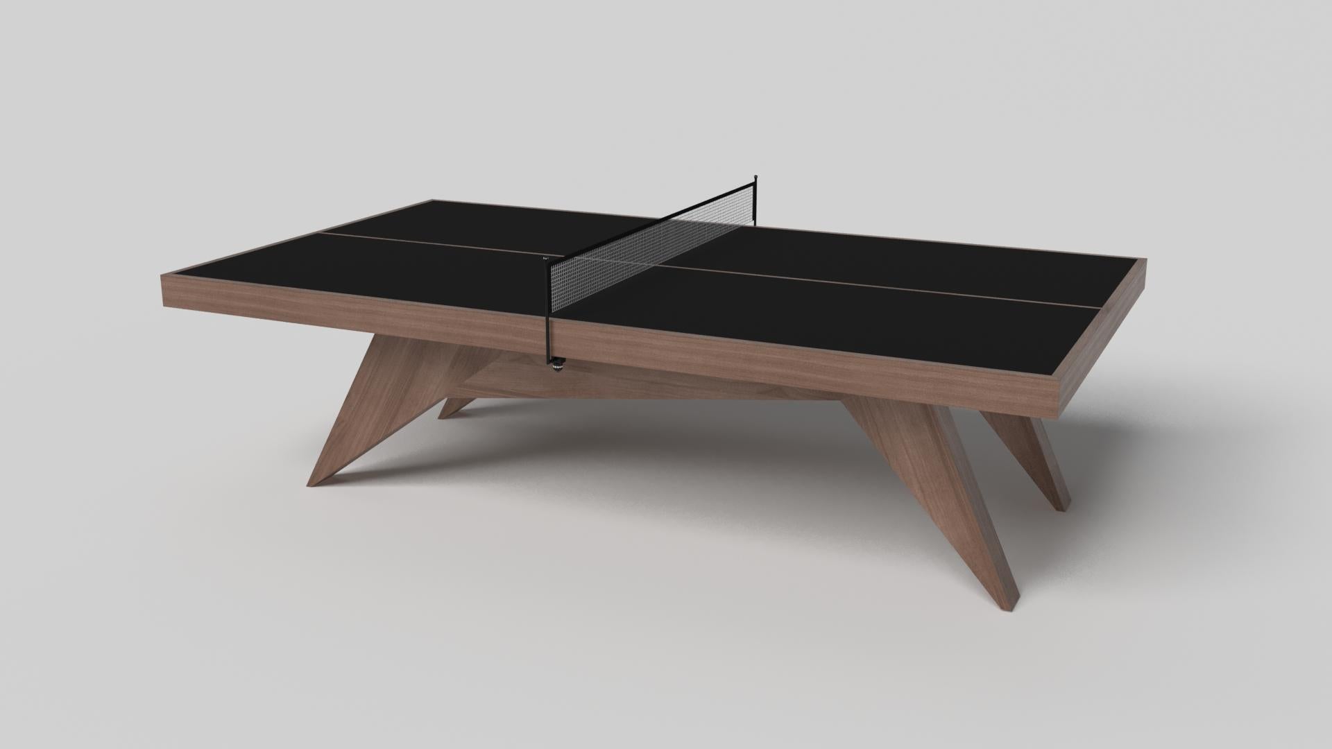 Simple yet sophisticated, the Mantis table tennis table in black with brushed aluminum puts a fresh, modern spin on a classic four-legged design. Sharp angles and tapered legs provide sleek stability, while contrast metal trim adds an air of