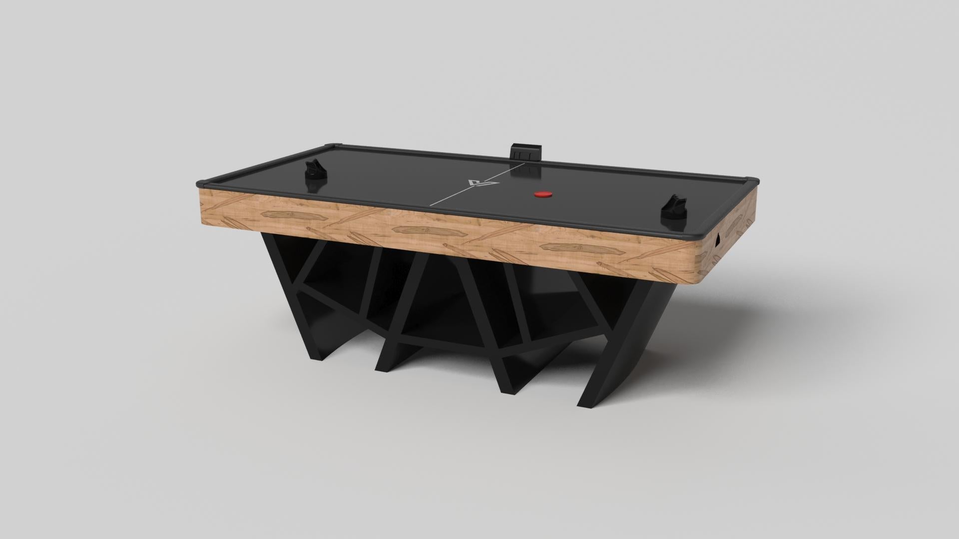 With a combination of acute angles, smooth lines, and geometric configurations, the Maze air hockey table in walnut is characterized by a labyrinth-inspired base with a mystifying motif. Beautifully detailed with a smooth black top for game play,