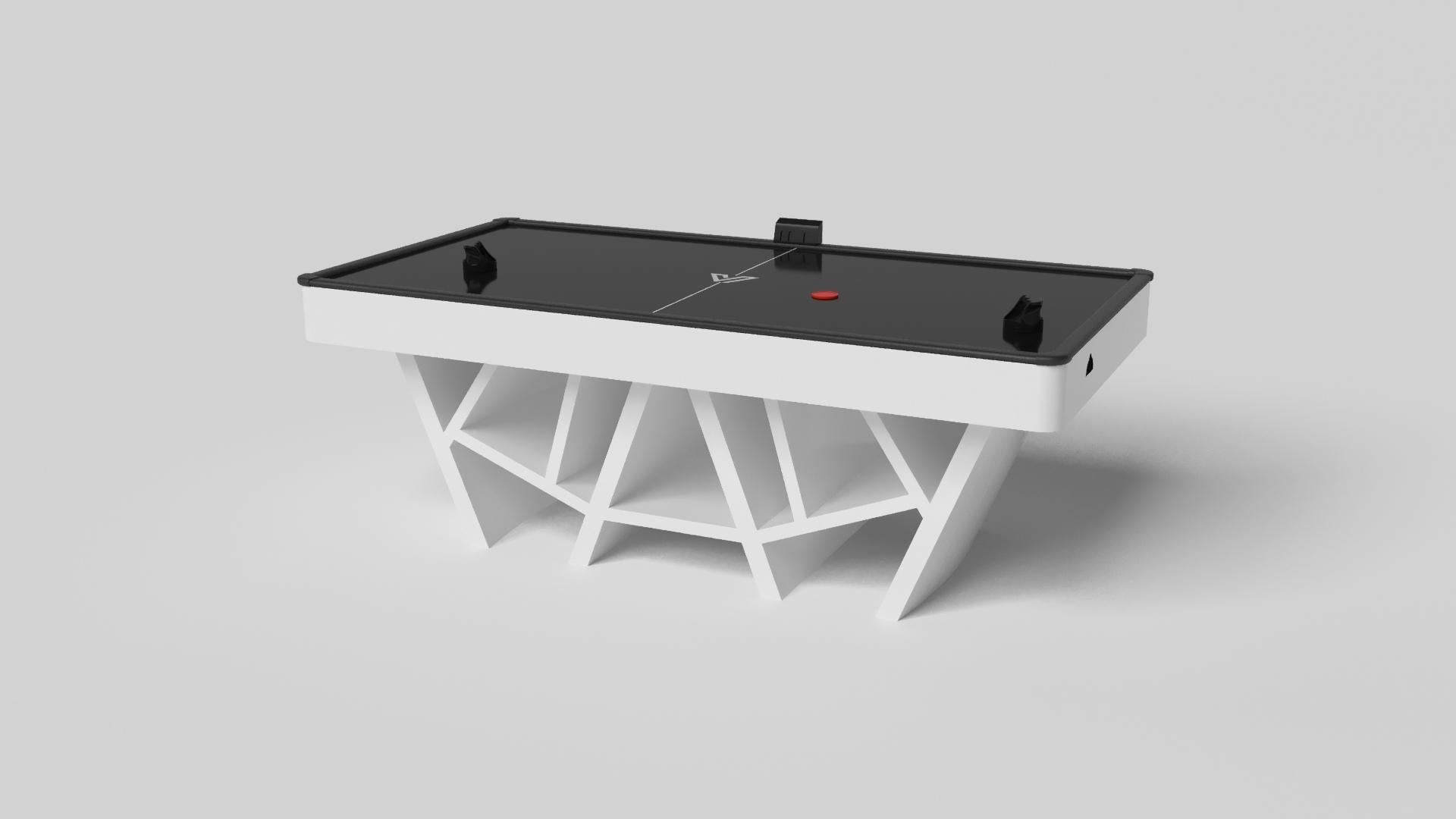 With a combination of acute angles, smooth lines, and geometric configurations, the Maze air hockey table in walnut is characterized by a labyrinth-inspired base with a mystifying motif. Beautifully detailed with a smooth black top for game play,