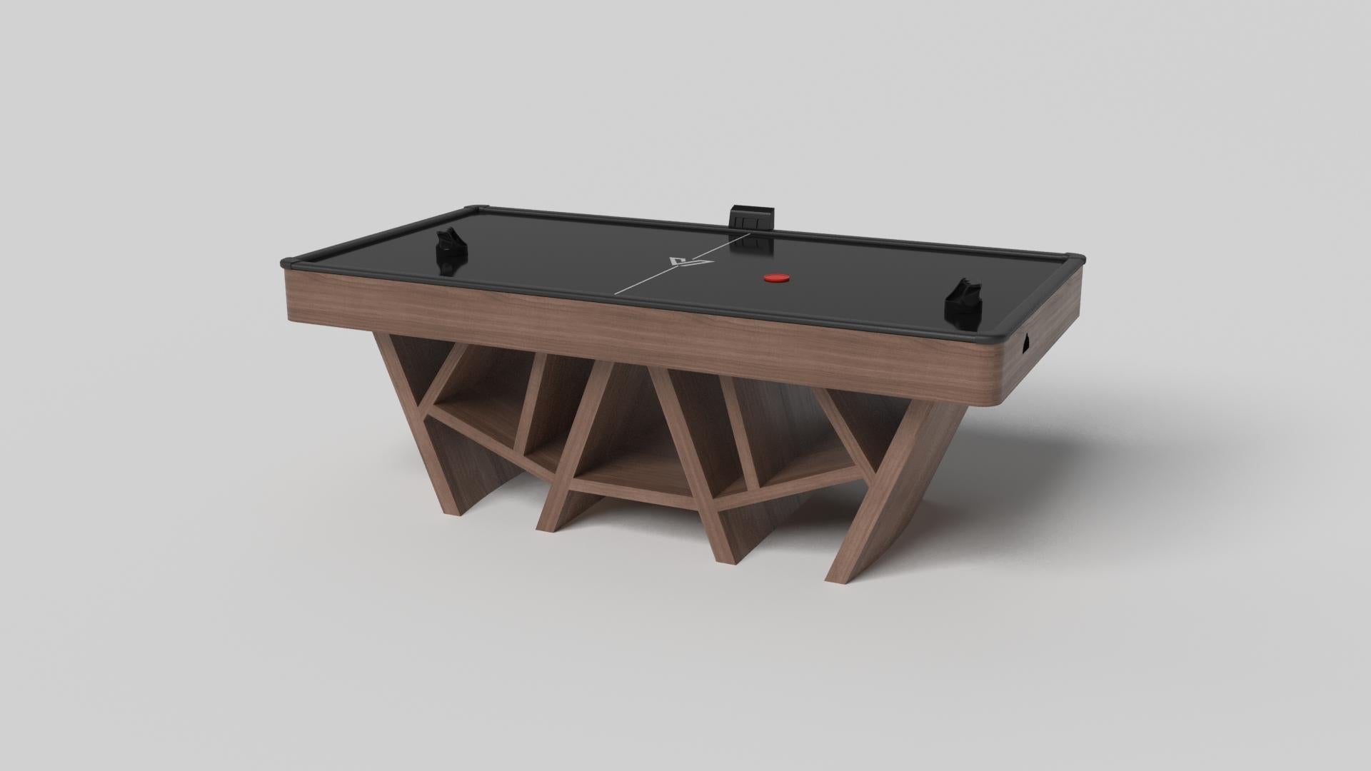 With a combination of acute angles, smooth lines, and geometric configurations, the Maze air hockey table in walnut is characterized by a labyrinth-inspired base with a mystifying motif. Beautifully detailed with a smooth black top for game play,