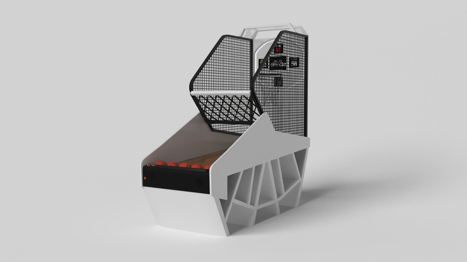 Avec une combinaison d'angles aigus, de lignes douces et de configurations géométriques, le jeu de basket Maze se caractérise par une base inspirée d'un labyrinthe avec un motif mystificateur. Doté de composants numériques intégrés, ce jeu de luxe