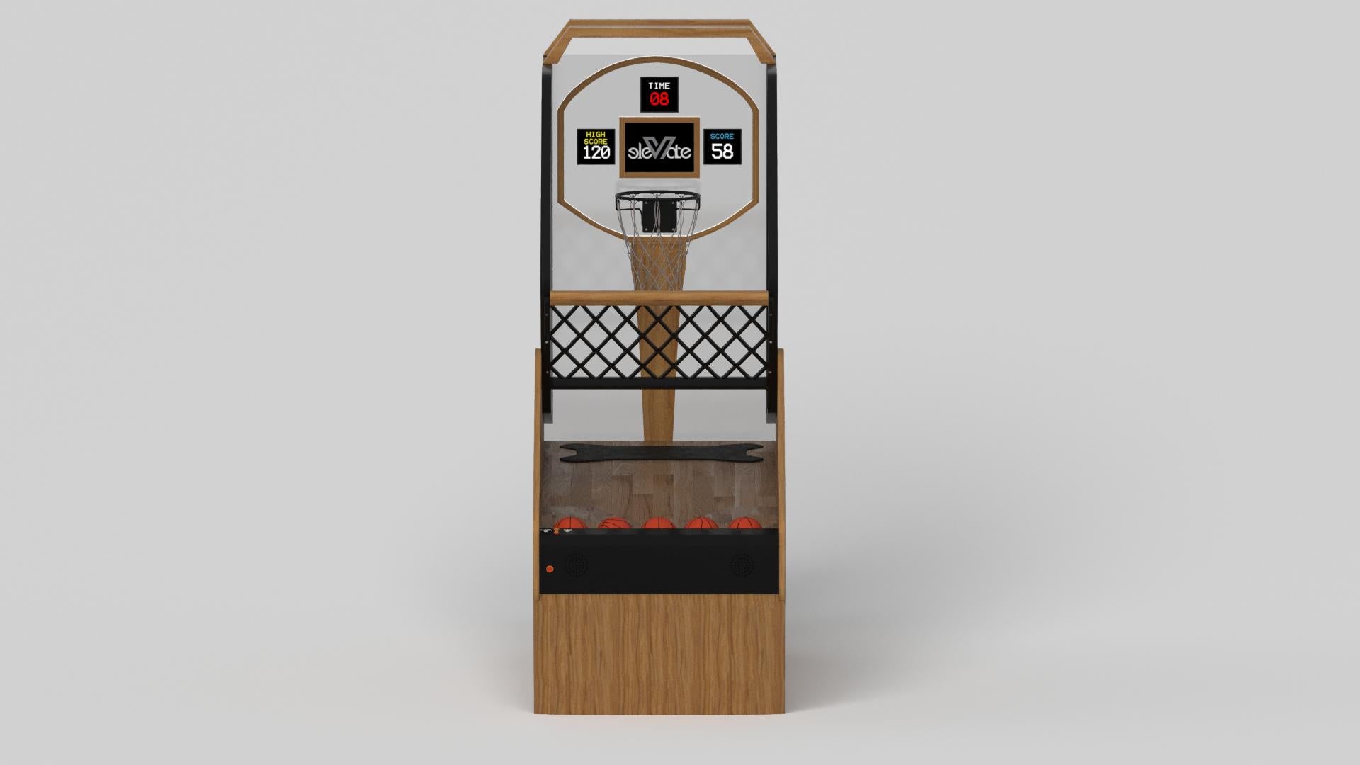 With a combination of acute angles, smooth lines, and geometric configurations, the Maze basketball game is characterized by a labyrinth-inspired base with a mystifying motif. Detailed with built-in digital components, this luxury wood game exudes