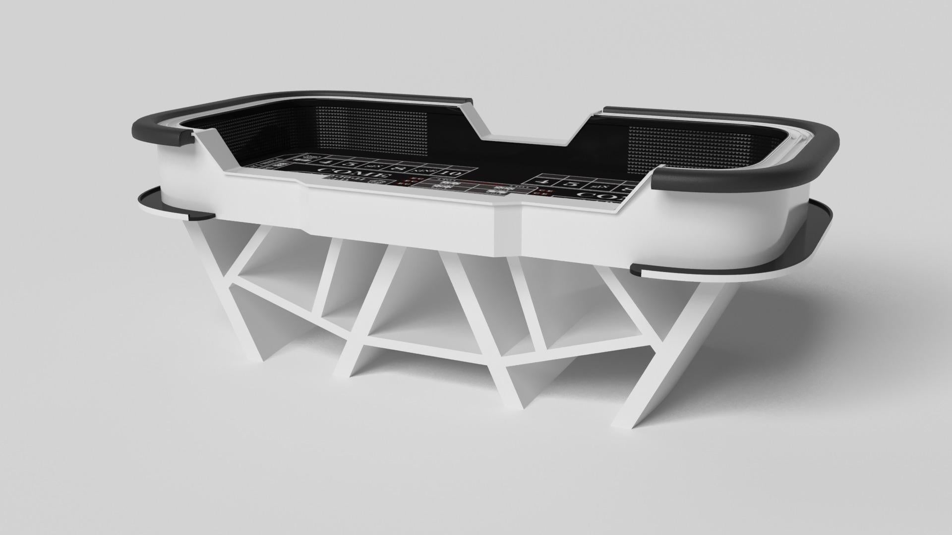 With a combination of acute angles, smooth lines, and geometric configurations, the Maze craps table in walnut is characterized by a labyrinth-inspired base with a mystifying motif. Beautifully detailed with a professional top for extended game