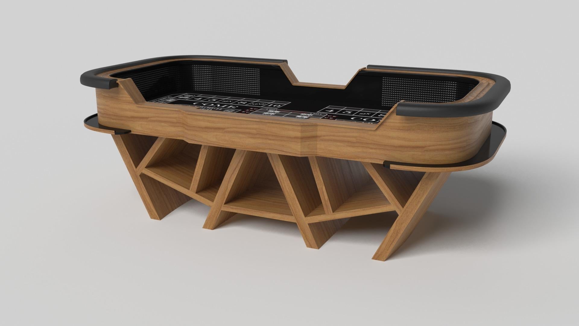 With a combination of acute angles, smooth lines, and geometric configurations, the Maze craps table in walnut is characterized by a labyrinth-inspired base with a mystifying motif. Beautifully detailed with a professional top for extended game