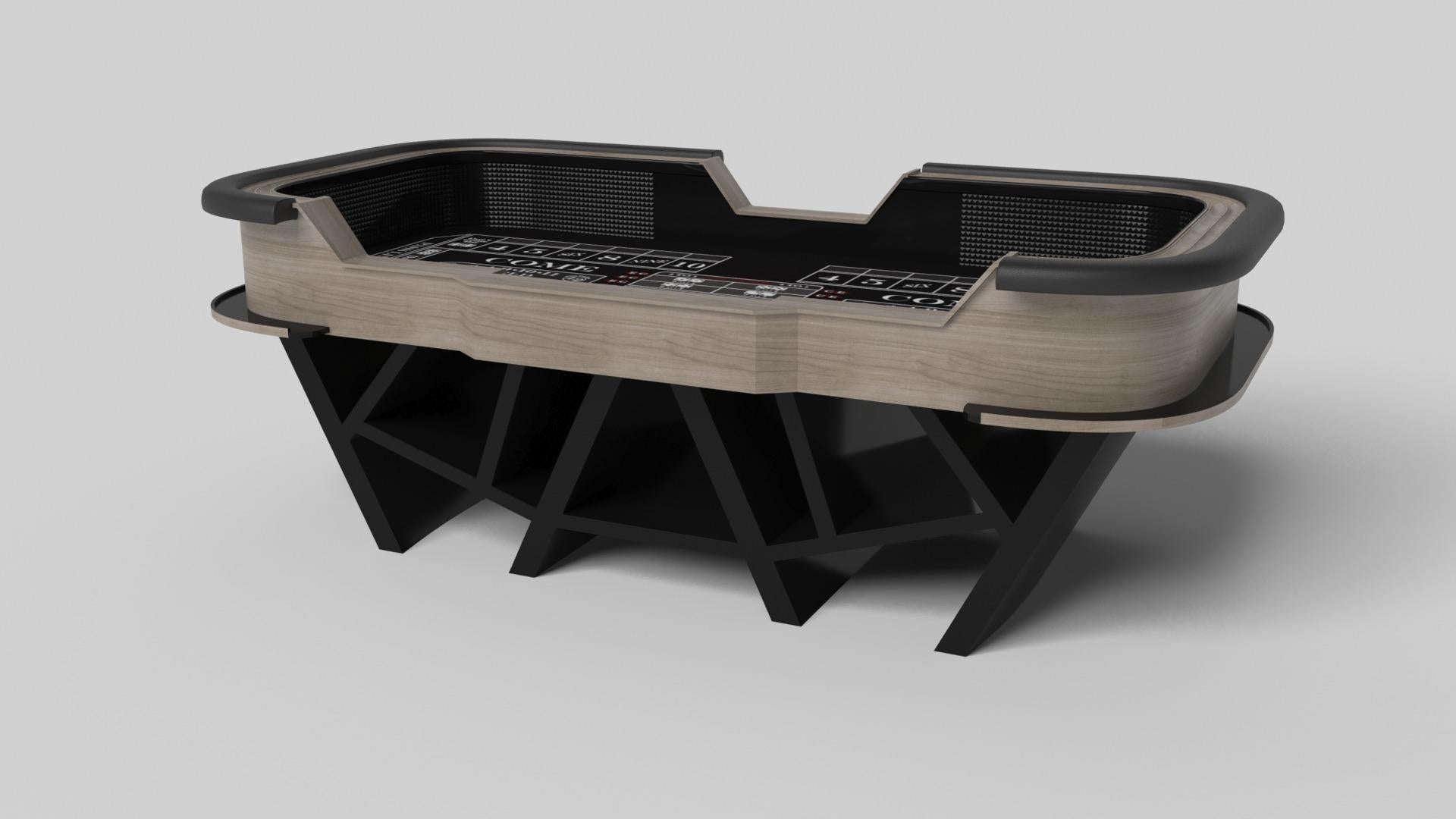 With a combination of acute angles, smooth lines, and geometric configurations, the Maze craps table in walnut is characterized by a labyrinth-inspired base with a mystifying motif. Beautifully detailed with a professional top for extended game