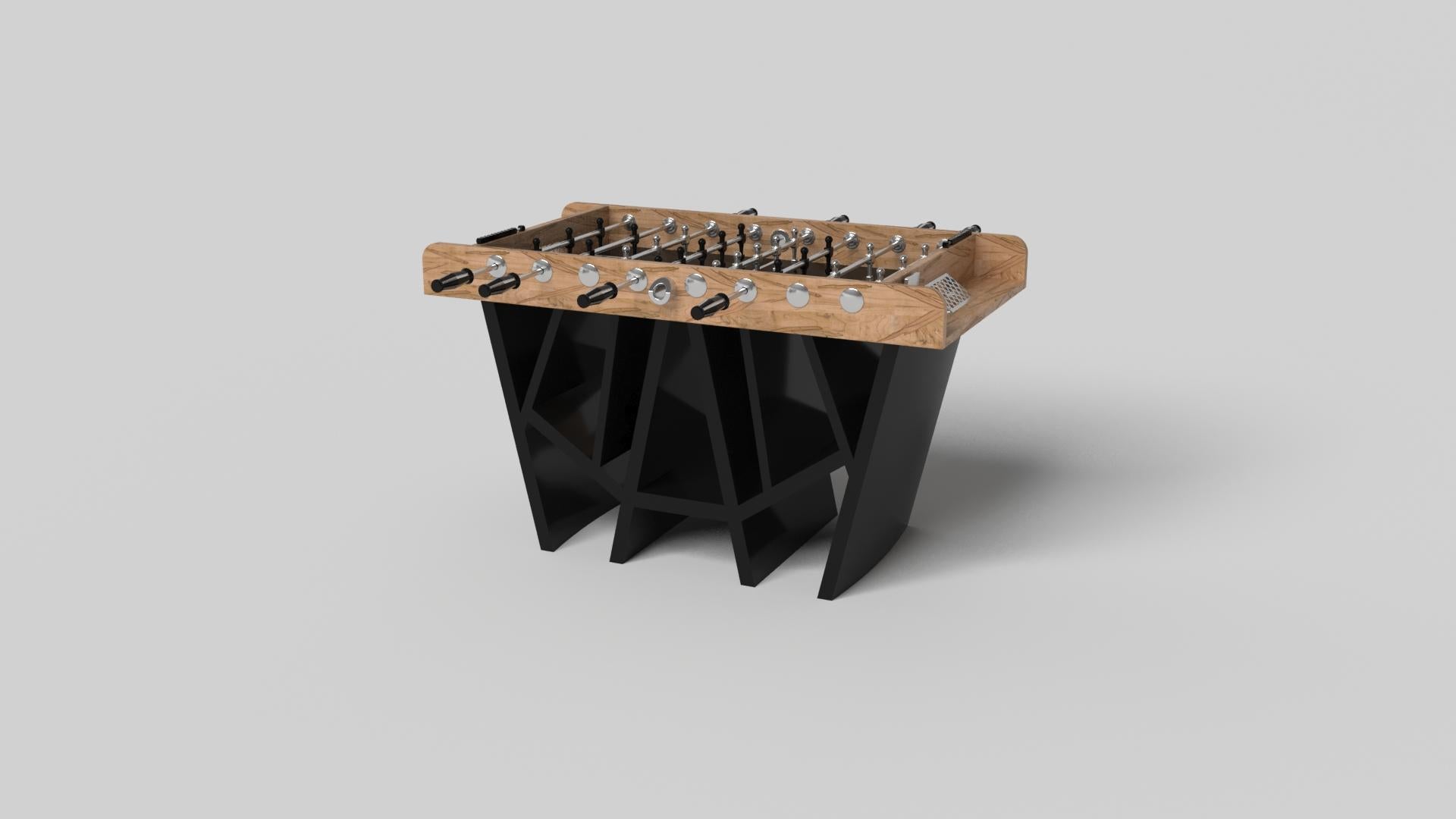 With a combination of acute angles, smooth lines, and geometric configurations, the Maze foosball table in walnut is characterized by a labyrinth-inspired base with a mystifying motif. Beautifully detailed for professional game play, this luxury