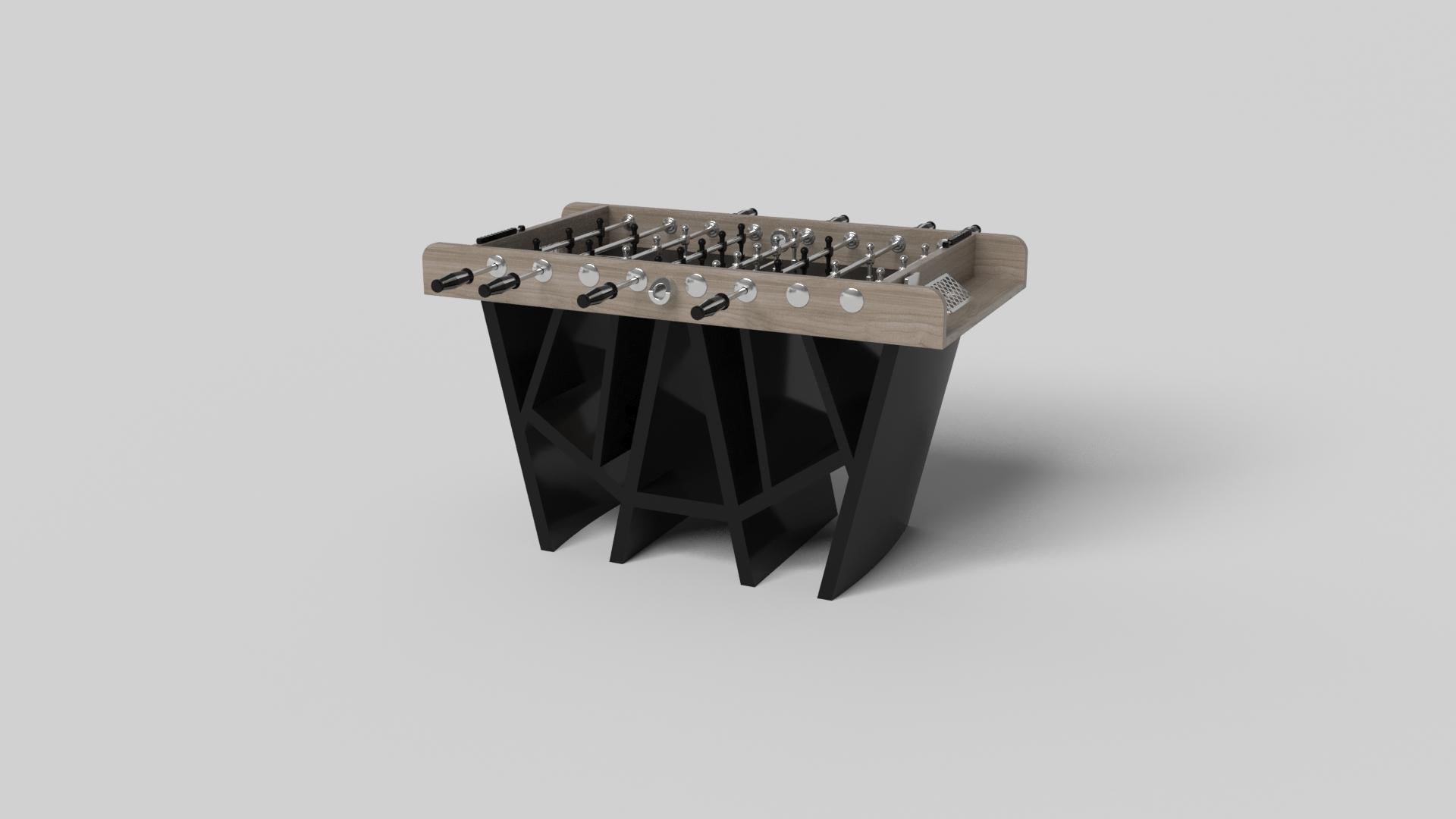 With a combination of acute angles, smooth lines, and geometric configurations, the Maze foosball table in walnut is characterized by a labyrinth-inspired base with a mystifying motif. Beautifully detailed for professional game play, this luxury