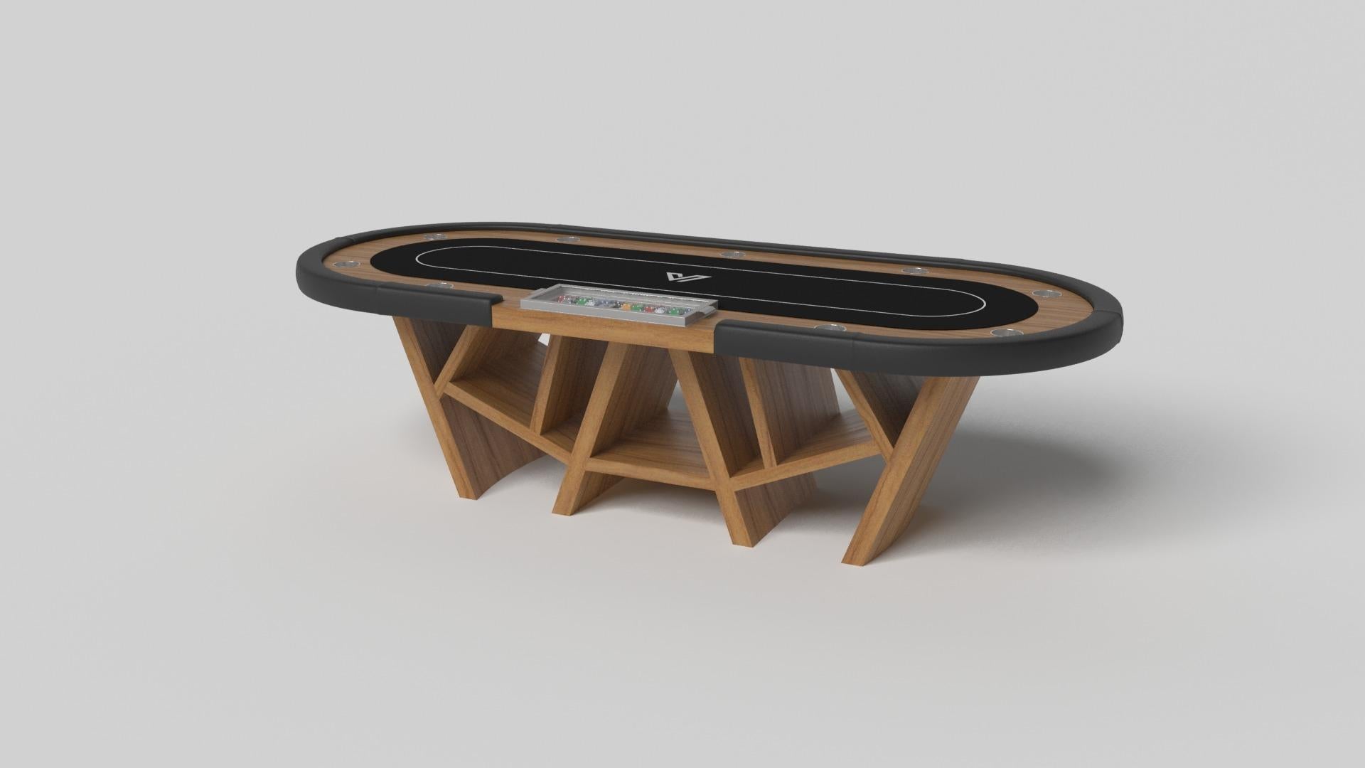 With a combination of acute angles, smooth lines, and geometric configurations, the Maze poker table in walnut is characterized by a labyrinth-inspired base with a mystifying motif. Beautifully detailed for professional game play, this luxury wood