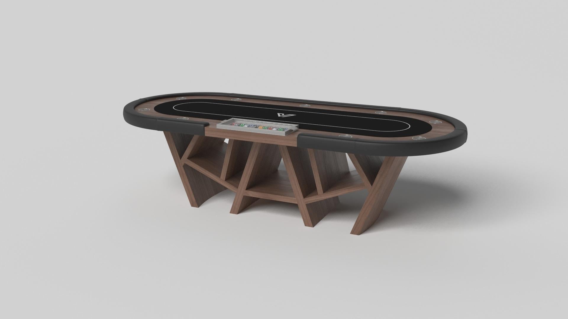 With a combination of acute angles, smooth lines, and geometric configurations, the Maze poker table in walnut is characterized by a labyrinth-inspired base with a mystifying motif. Beautifully detailed for professional game play, this luxury wood