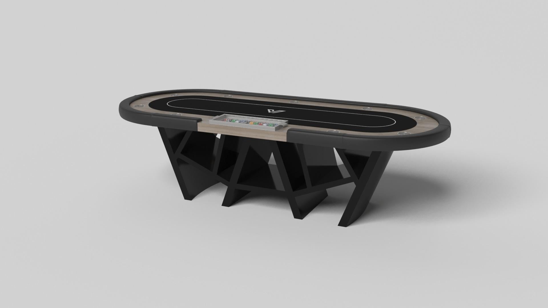 Con una combinación de ángulos agudos, líneas suaves y configuraciones geométricas, la mesa de póquer Laberinto de nogal se caracteriza por una base de inspiración laberíntica con un motivo desconcertante. Bellamente detallada para el juego