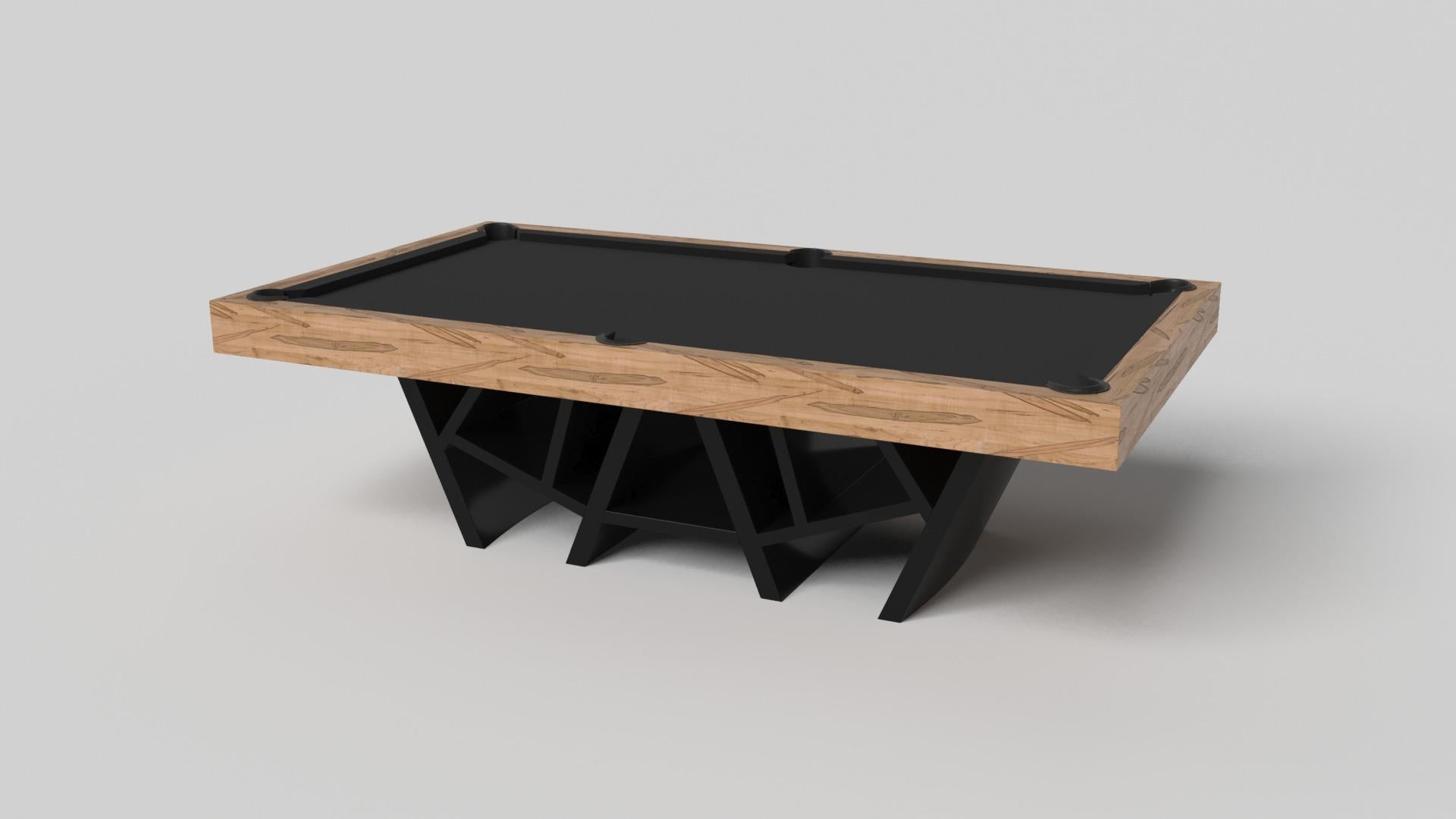 A contemporary composition of clean lines and sleek edges, the Trinity pool table in black chrome with red accent is an elegant expression of modern design. Handcrafted and detailed with a regulation top for professional game play, this table offers